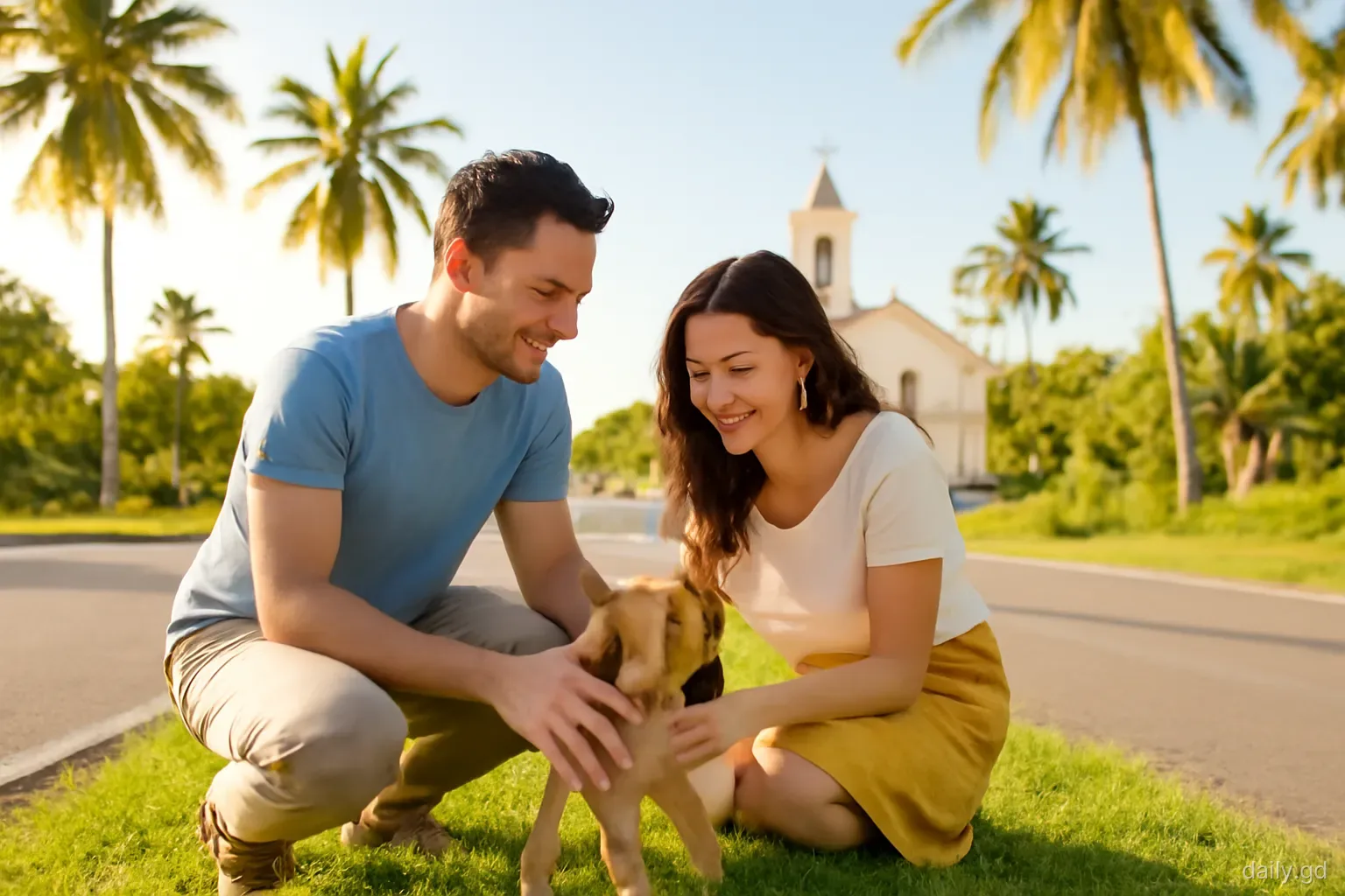 A smiling couple kneels on a grassy roadside verge to greet a shy tan pothound puppy, coconut palms and a village church behind, eye-level view, golden late afternoon light
