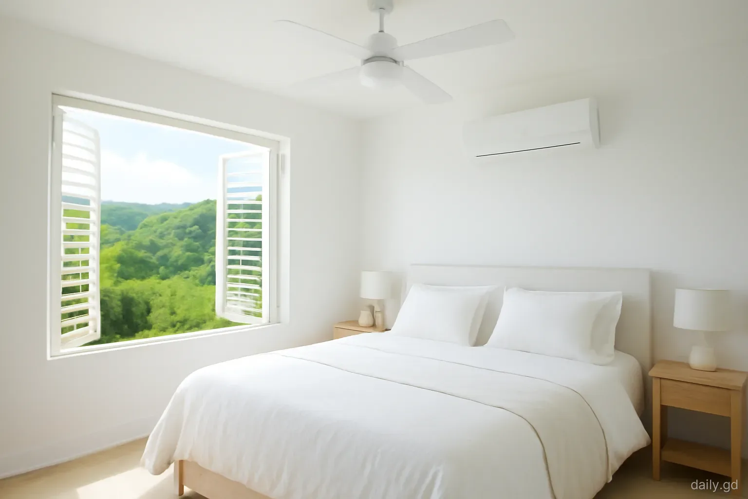 A ceiling fan turns above a cool white bedroom with louvred windows open to a green hillside in Grenada, wall-mounted cooling unit above the bed, wide interior view, afternoon light