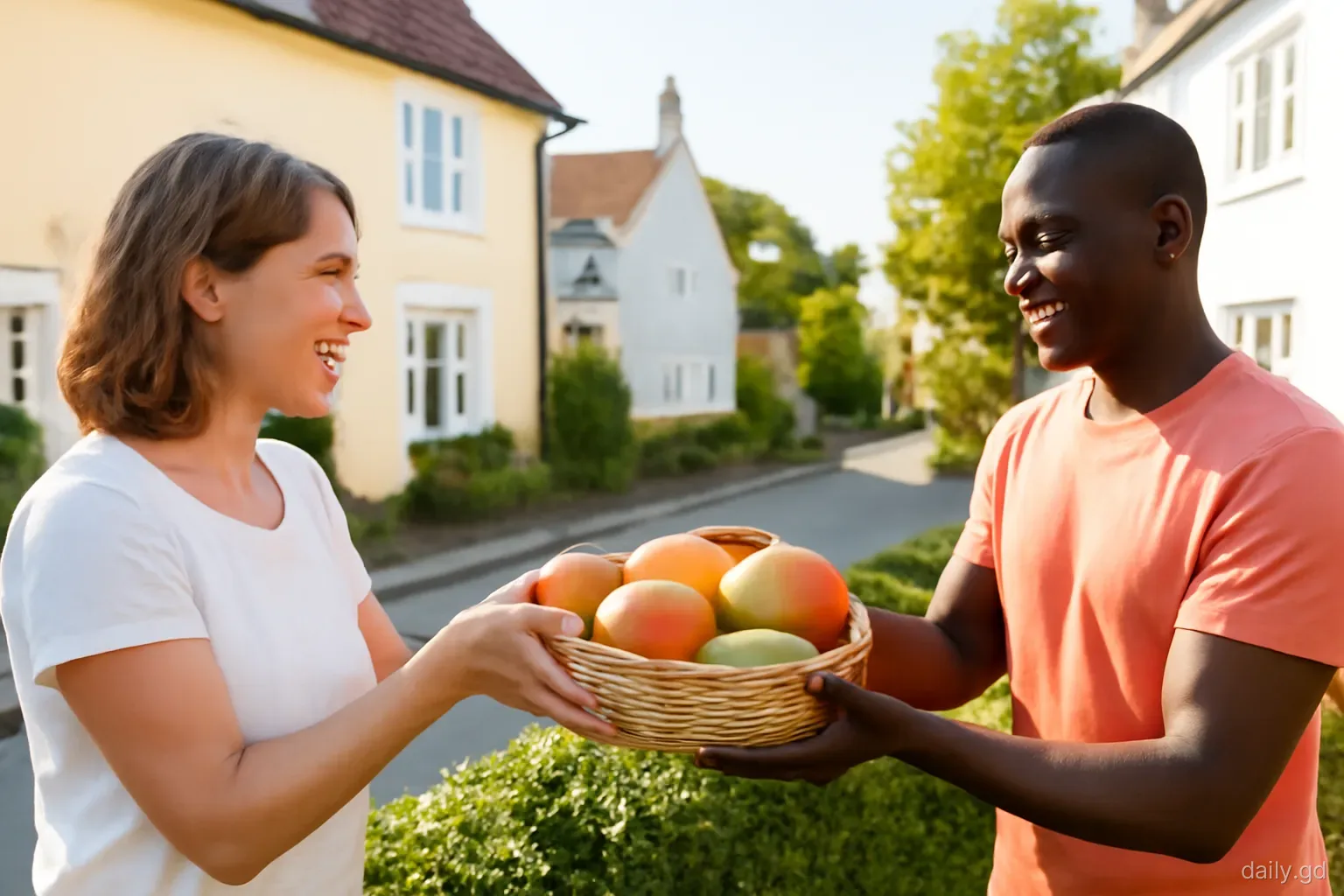 Two neighbours handing a basket of ripe mangoes over a low hedge between their houses in a quiet St George's village, morning sun, eye-level shot
