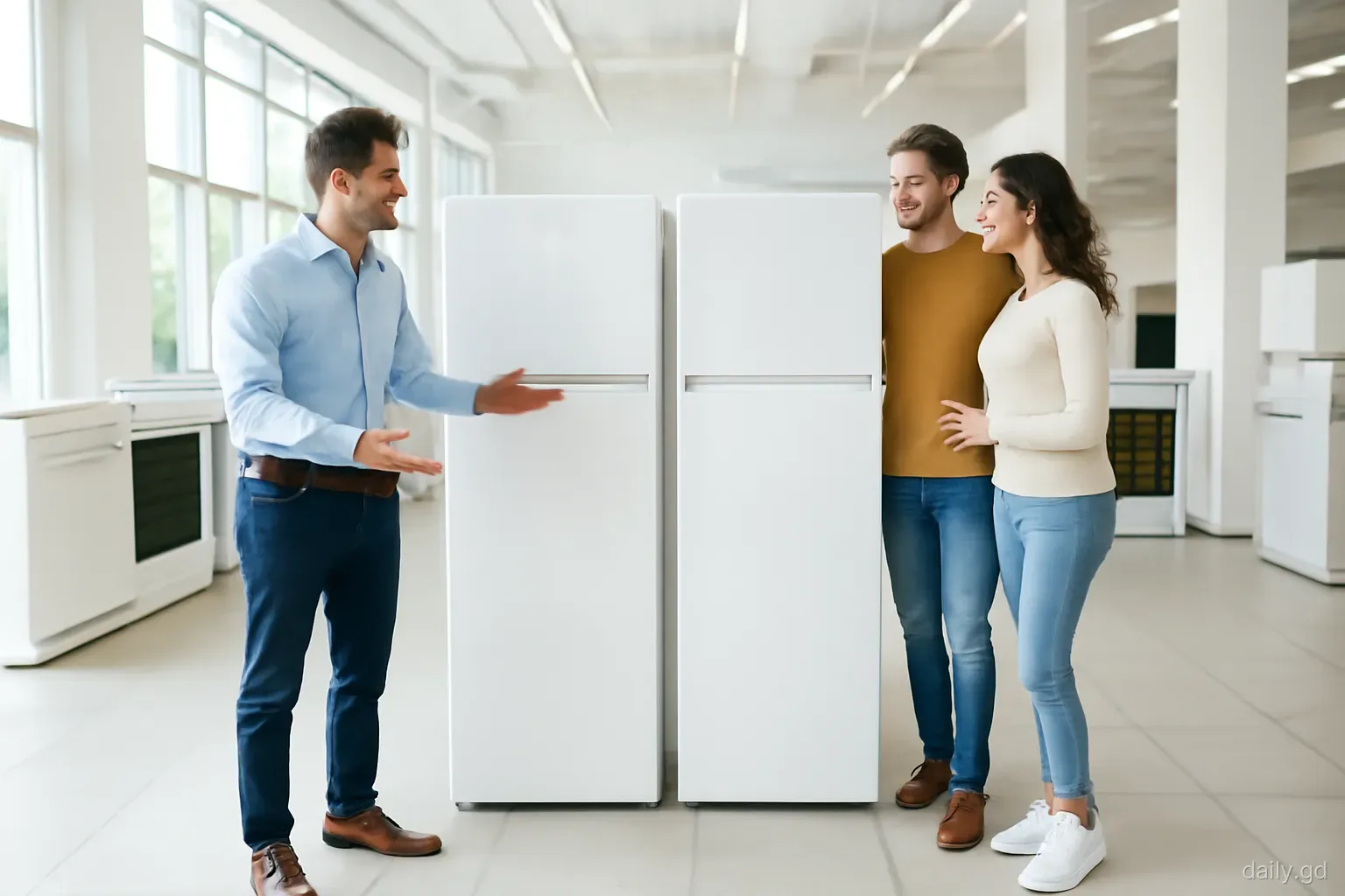 A couple compares two white refrigerators in a spacious appliance showroom in Grand Anse, salesperson gesturing, wide angle from the aisle, bright even indoor light