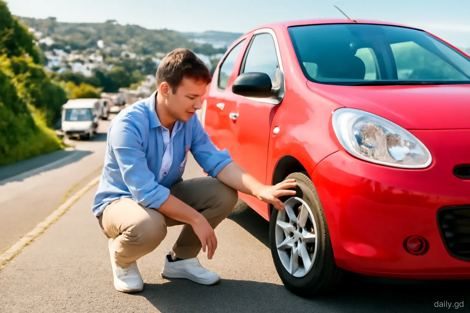 A young man inspects the tyre of a small used hatchback parked on a hillside driveway in St David's, minibus passing on the road below, three-quarter view, morning sun