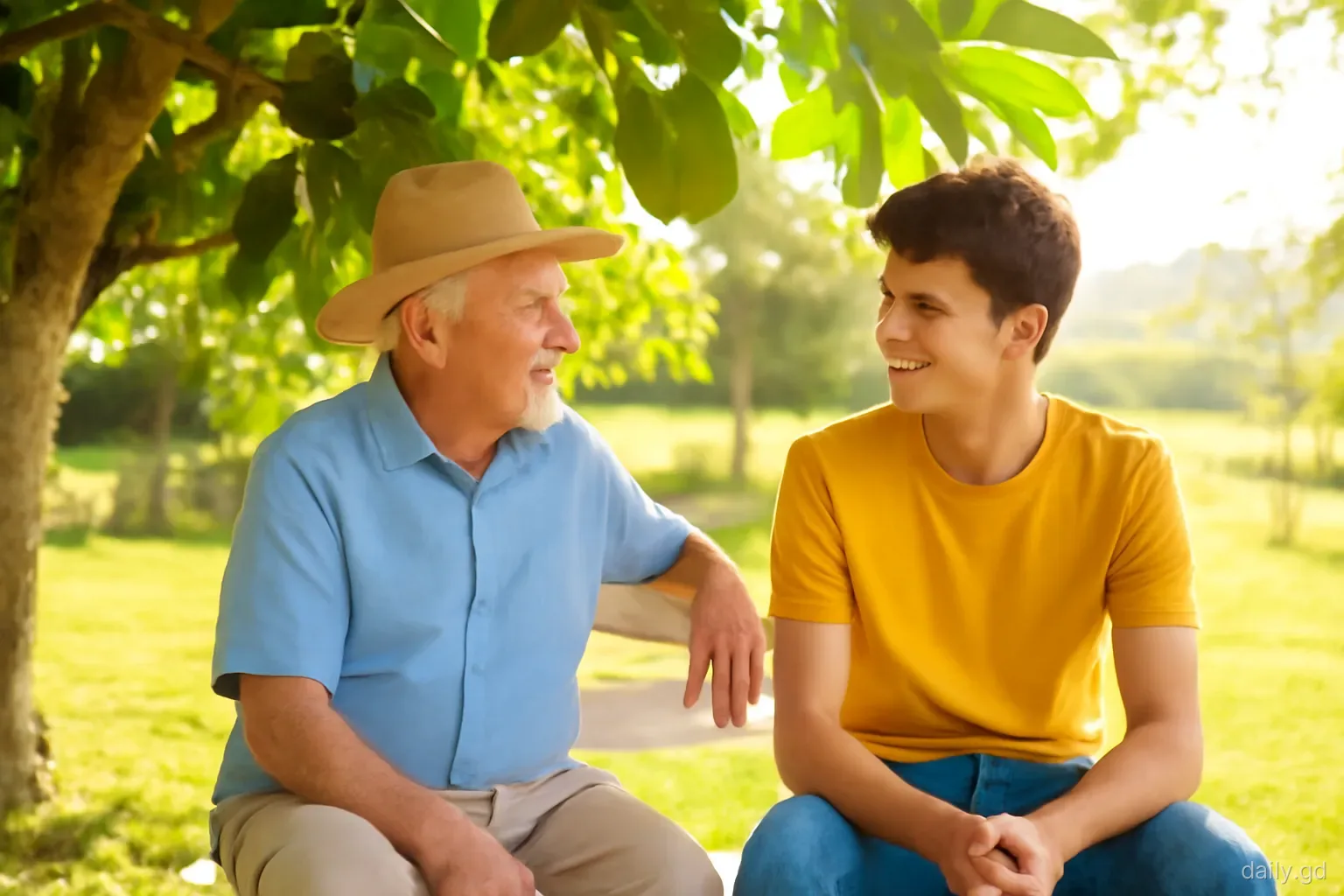An elderly man with a straw hat talking to a teenage grandson under a breadfruit tree in a rural yard in St Patrick's, seated on a bench, side view, golden evening light