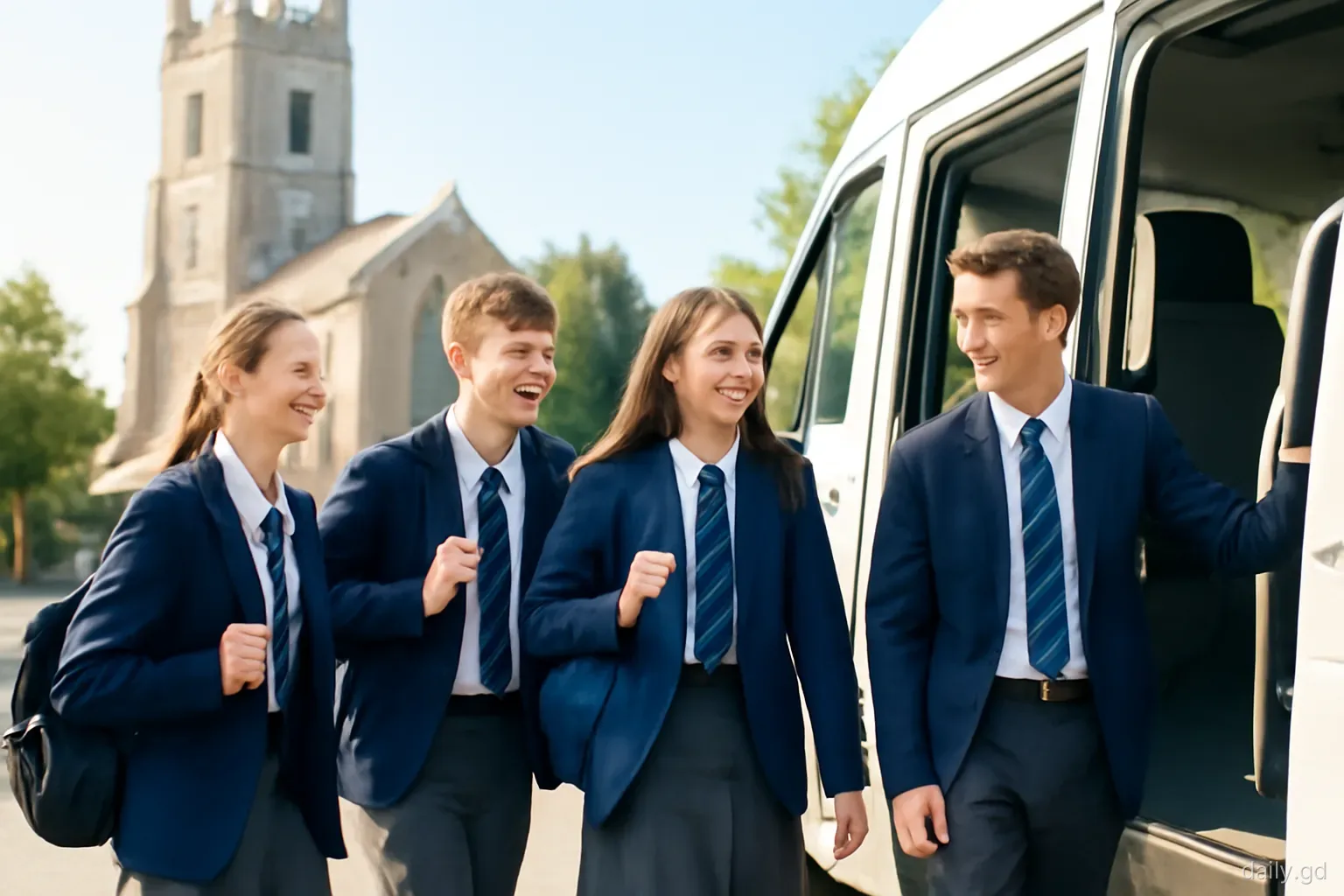 Secondary students in neat uniforms laugh together while boarding a minibus beside a village church in St Andrew, backpacks on, eye-level view, clear early morning light