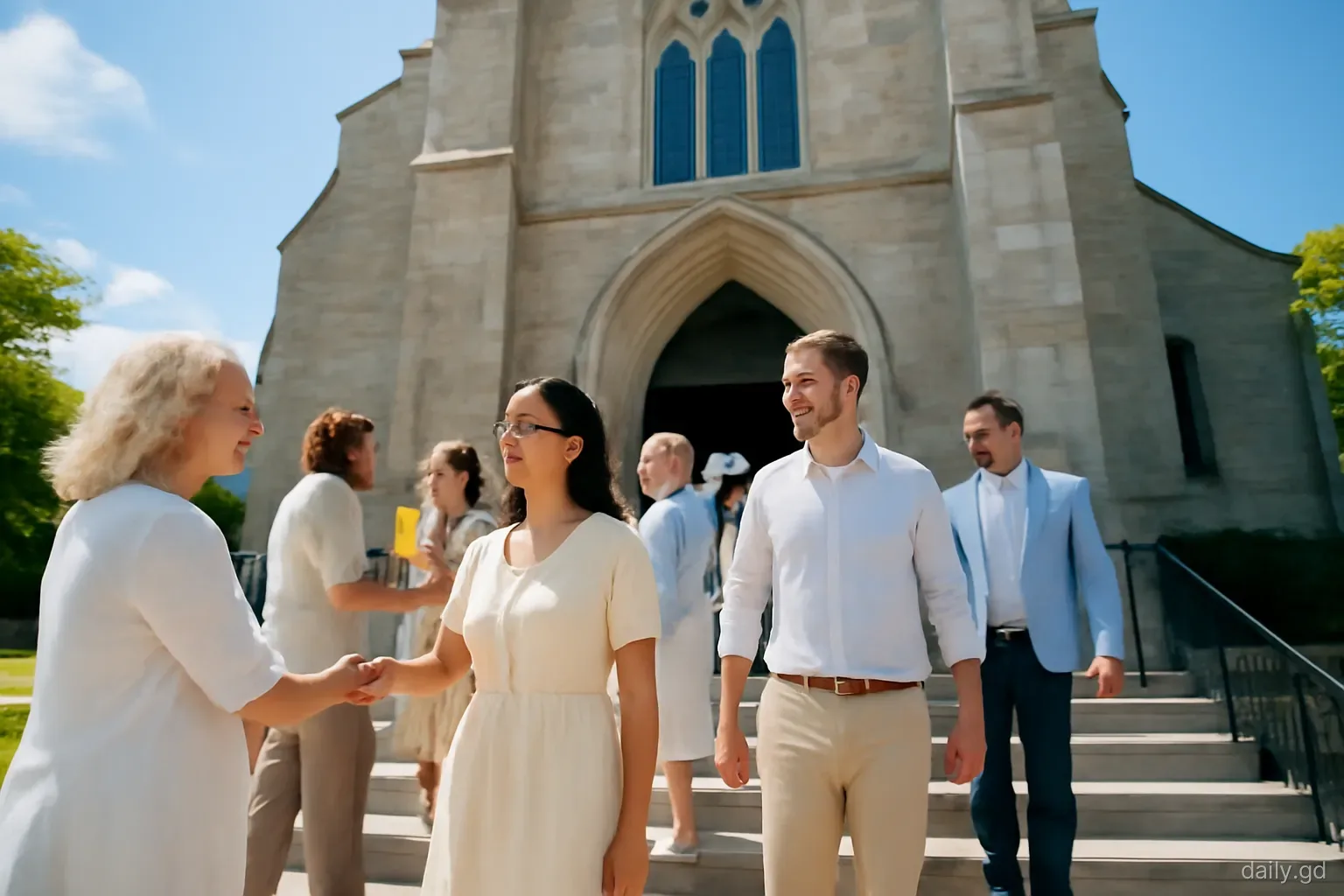 Congregation in pale Sunday clothes leaving a stone parish church in St Patrick's after morning service, greeting each other on the steps, bright sun, wide angle