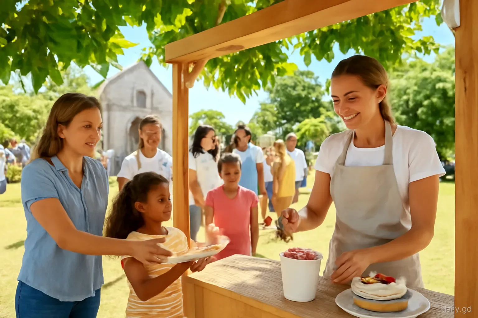 Women serving homemade ice cream and cake from a wooden stall under breadfruit trees at a busy church harvest in St Andrew's, families queueing, bright afternoon