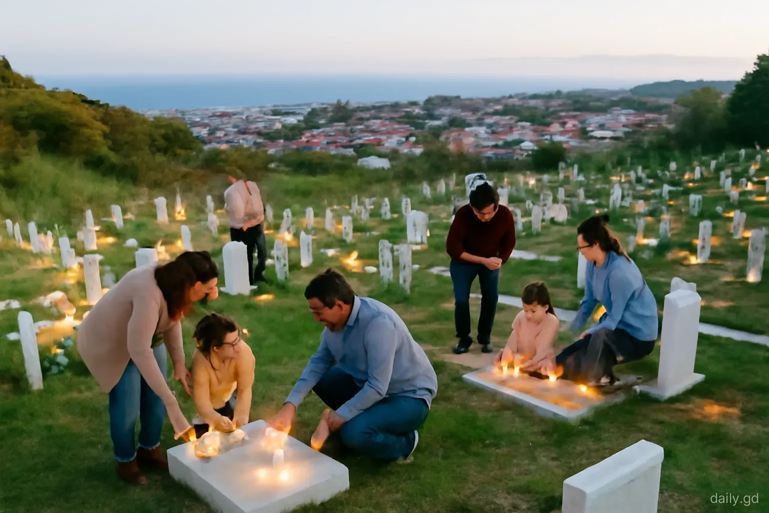 Families lighting candles on graves in a hillside cemetery in St George's at dusk on All Saints night, warm glow across the slope, wide elevated view