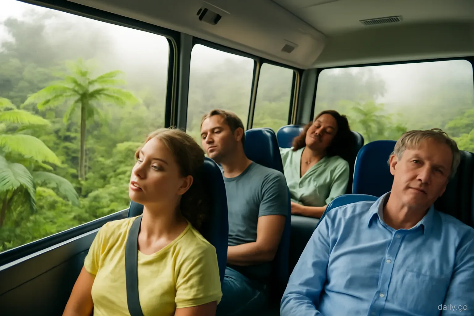 Passengers doze inside a minibus winding through misty rainforest on the Grand Etang road, window view of tree ferns and cloud, interior angle, soft diffused morning light
