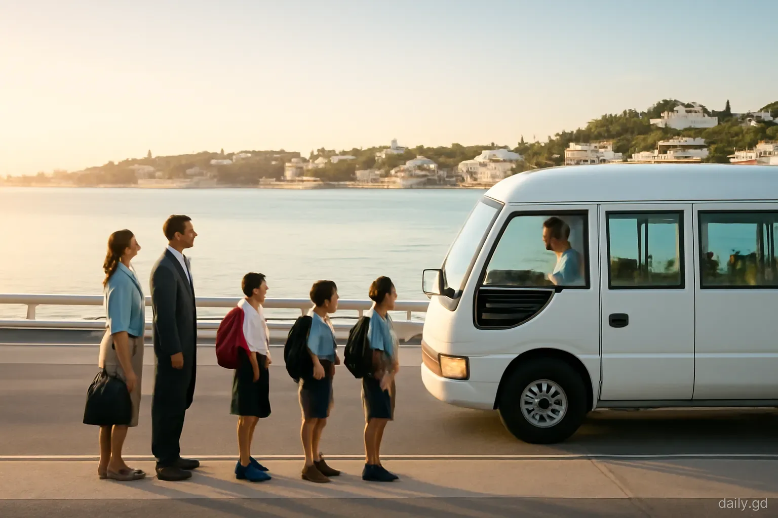 Office workers and schoolchildren queue beside a busy coastal road at dawn as a crowded white minibus pulls in, St George's harbour behind, side view, soft gold light