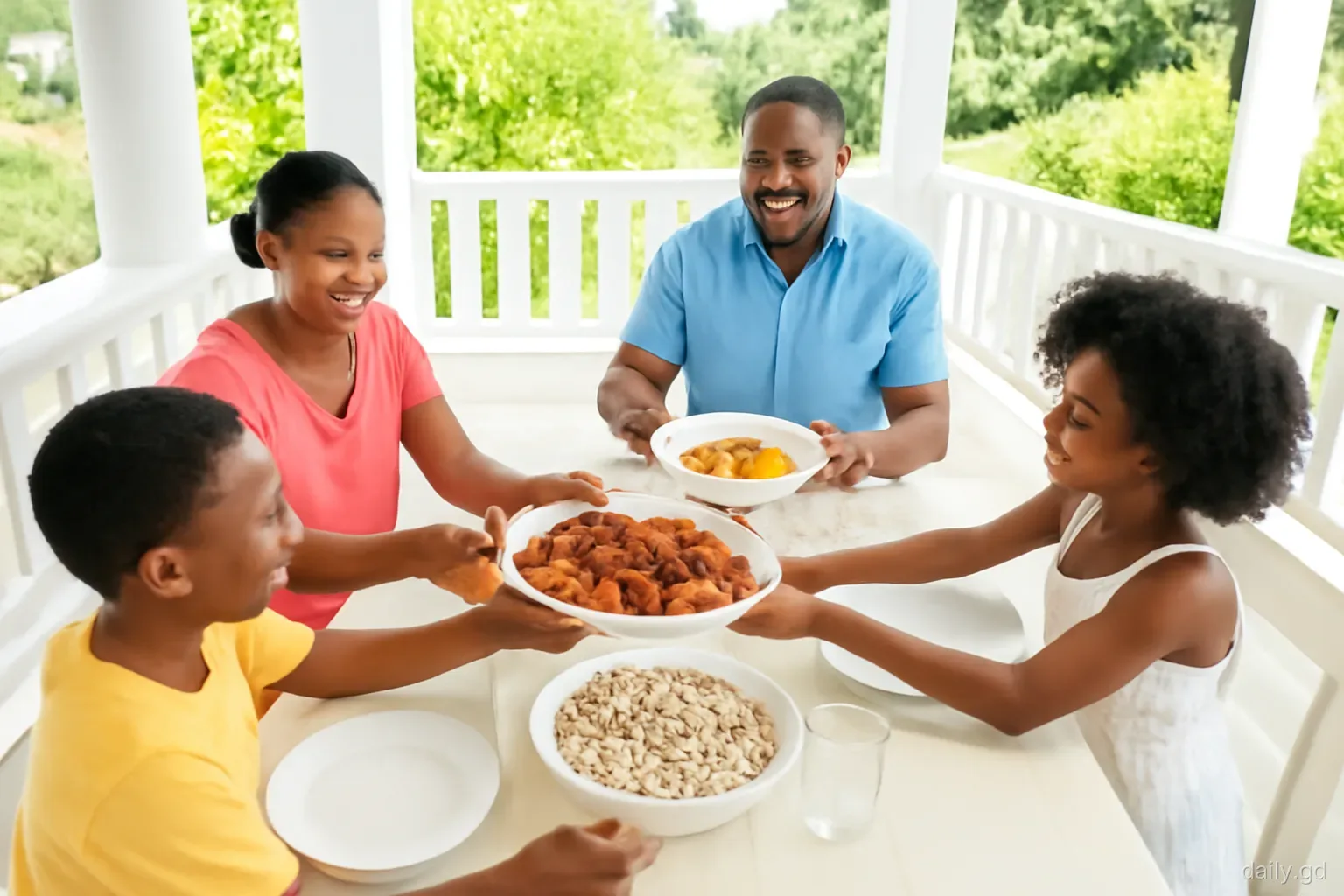 Family passing dishes of stewed chicken, rice and peas and golden macaroni pie around a long table on a shaded veranda in St George, Grenada, midday light, slightly elevated view