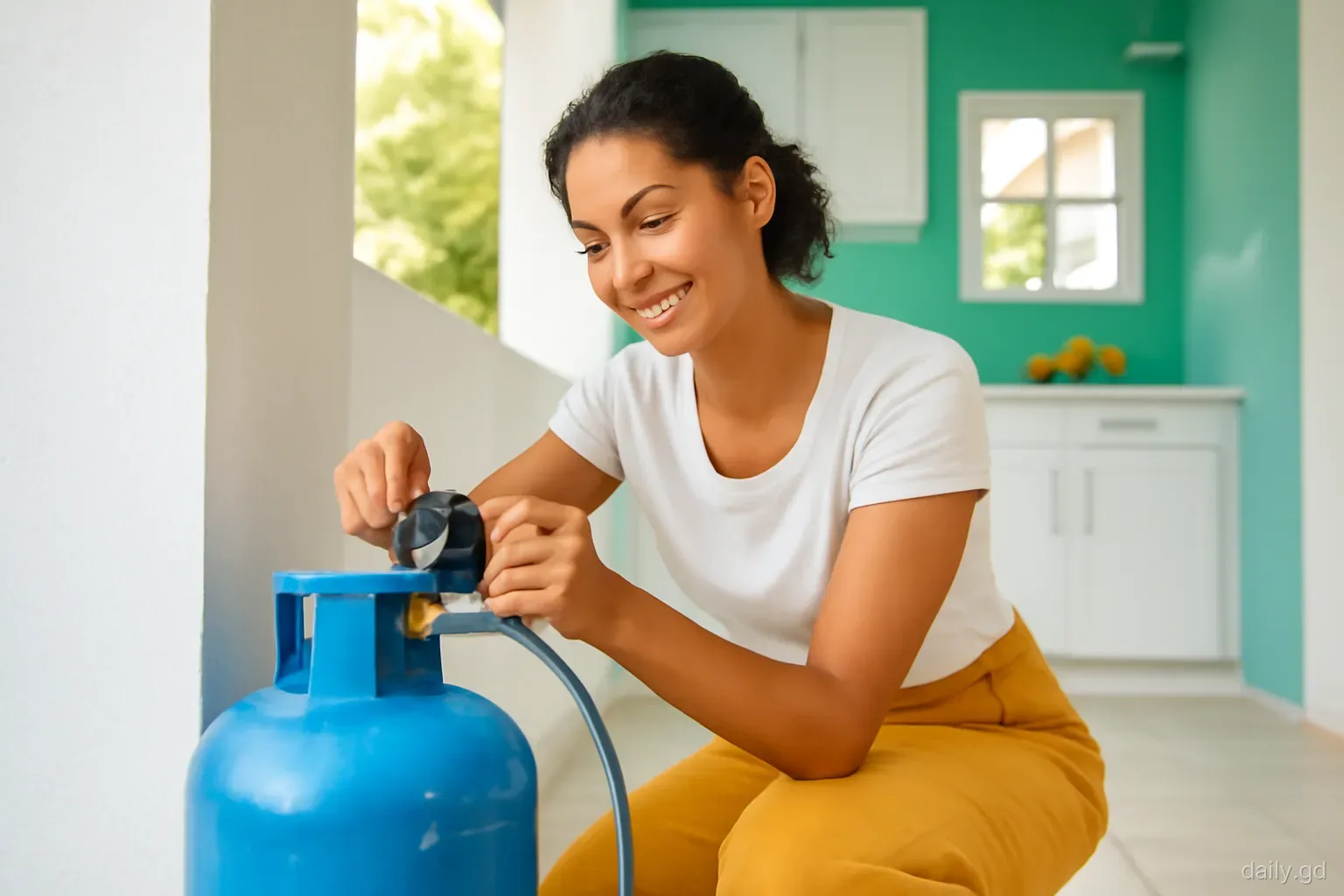 A woman connects a regulator to a blue gas cylinder in a shaded outdoor alcove beside a bright kitchen in a Grenadian home, close-up from low angle, soft daylight