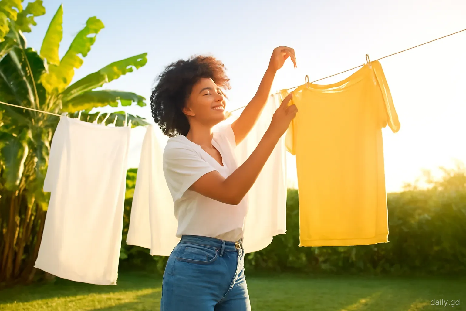 Young woman hanging laundry in a breezy backyard in St Andrew's at sunrise, banana plants and a clothesline, soft golden light, low angle
