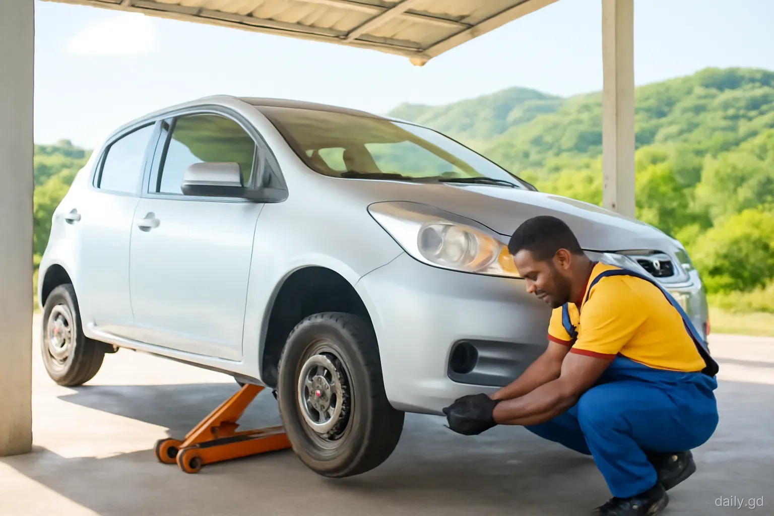 Mechanic in overalls checking the brakes of a small silver hatchback raised on a jack in an open-sided roadside garage in St Andrew, Grenada, green hills behind, morning light