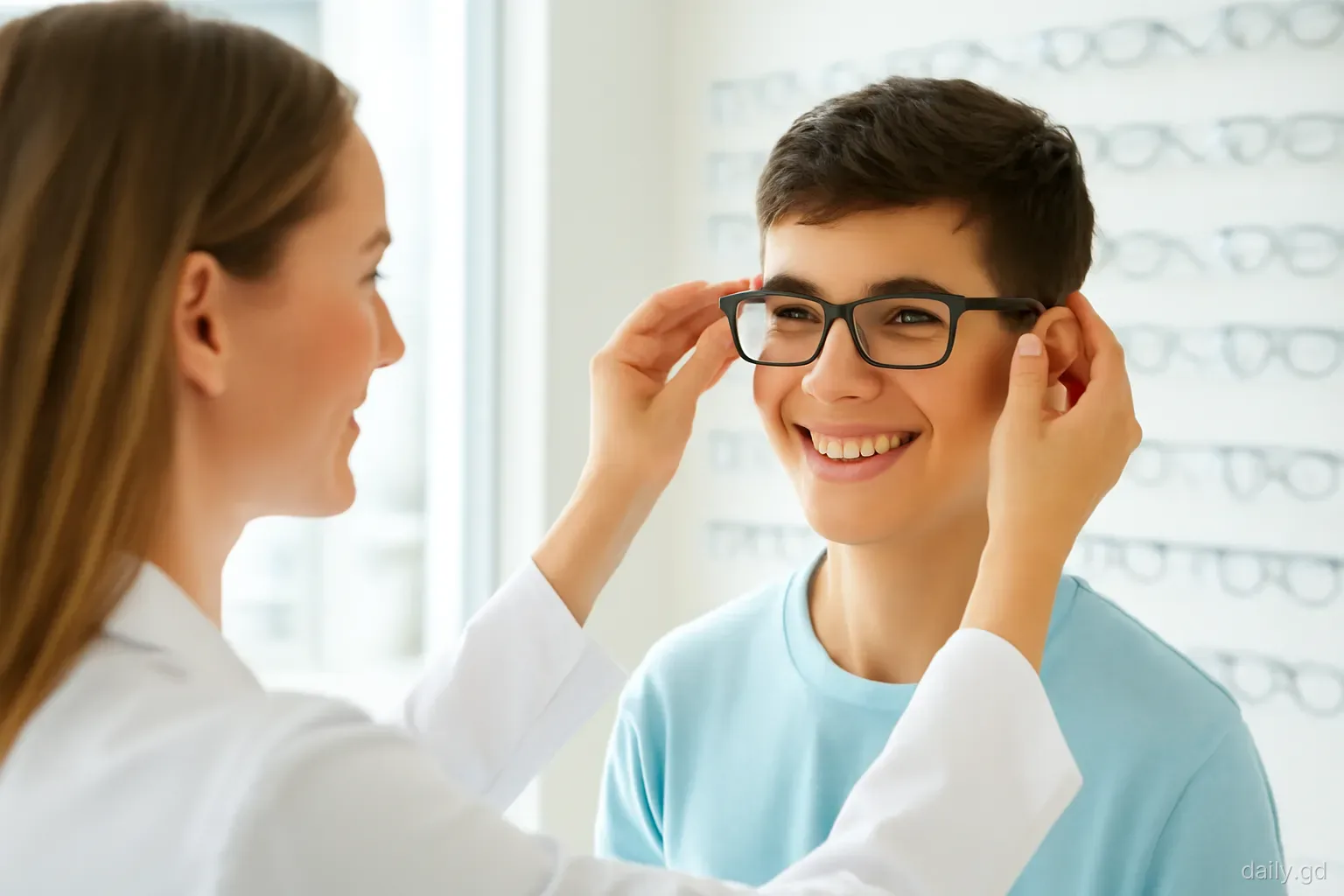 Optometrist fitting new spectacles on a smiling teenage boy in a bright clinic in St George's, display of frames behind, natural window light, close-up