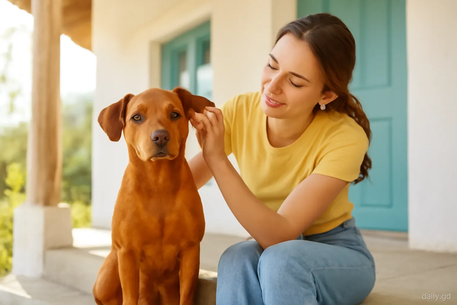 A young woman checks the ears of a brown short-haired dog sitting on a shaded veranda step of a village home, close-up from a low angle, warm morning light