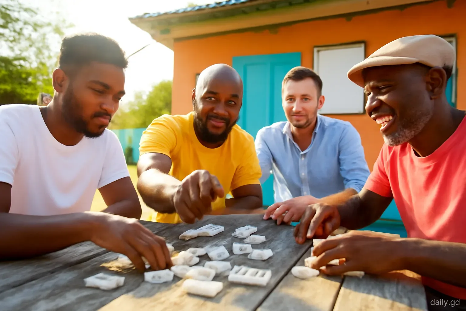 Four men slamming dominoes on a weathered wooden table outside a small village rum shop in St Andrew's, one mid-slam, low angle across the table, late afternoon light