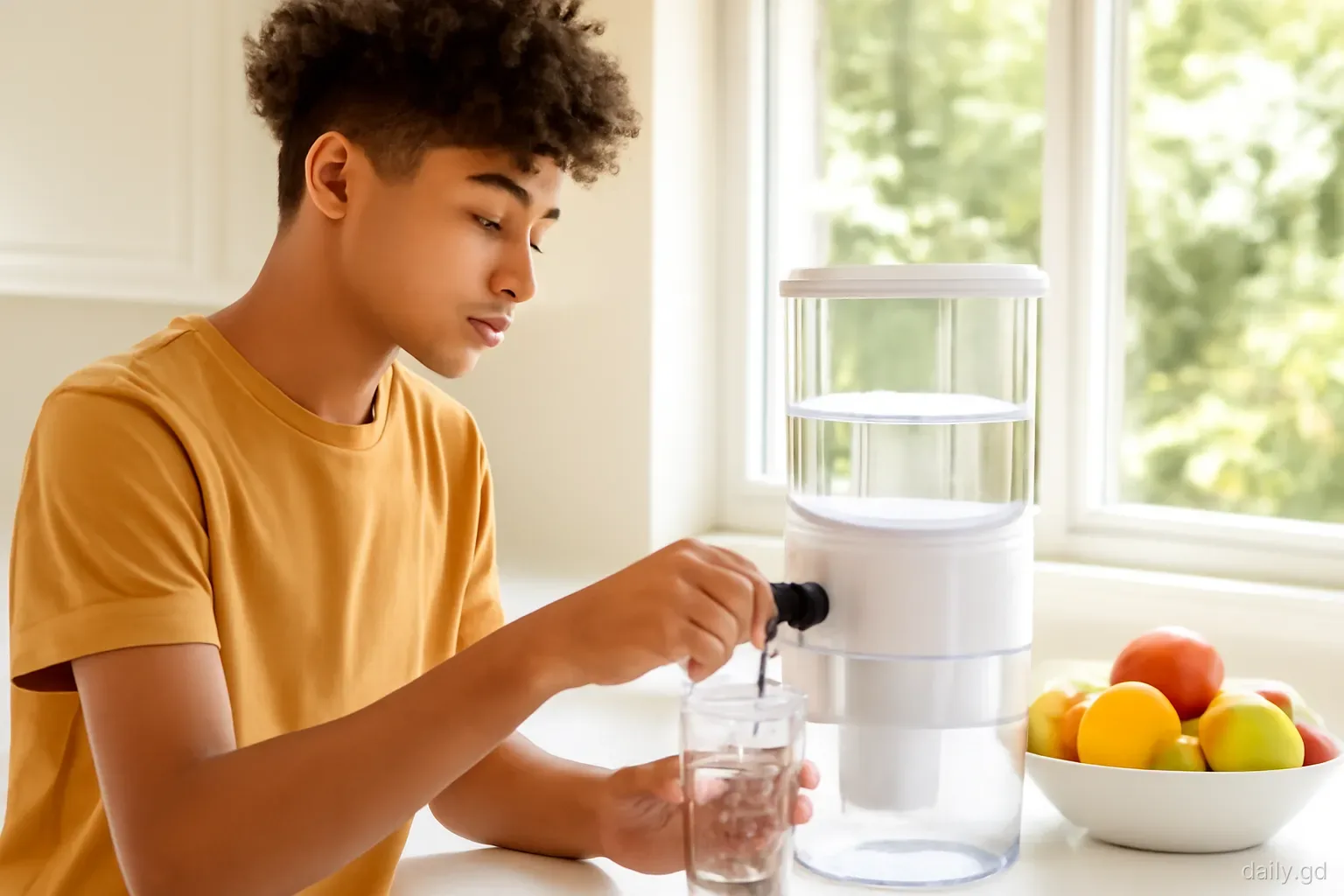 A teenage boy fills a glass from a countertop water filter in a sunny Grenadian kitchen, fruit bowl and window with garden view behind, side angle, bright natural light