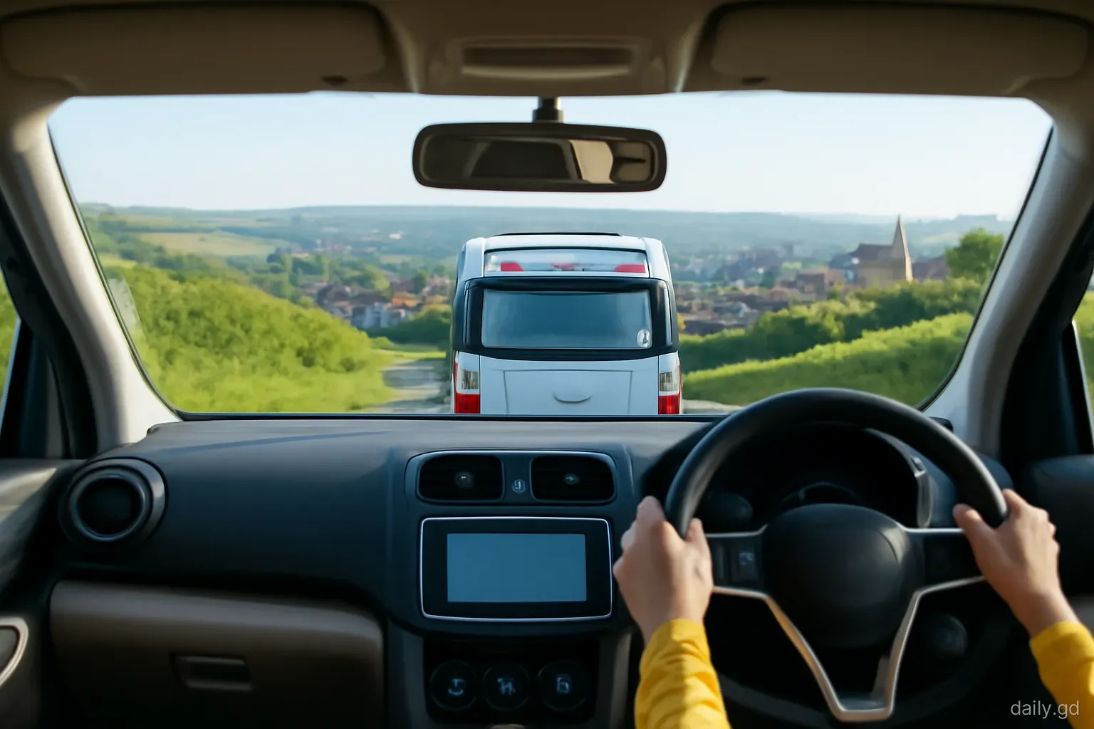 Rear view from inside a small car climbing a winding green hillside road behind a decorated minibus, morning commuters, St George's rooftops in the distance, crisp early light