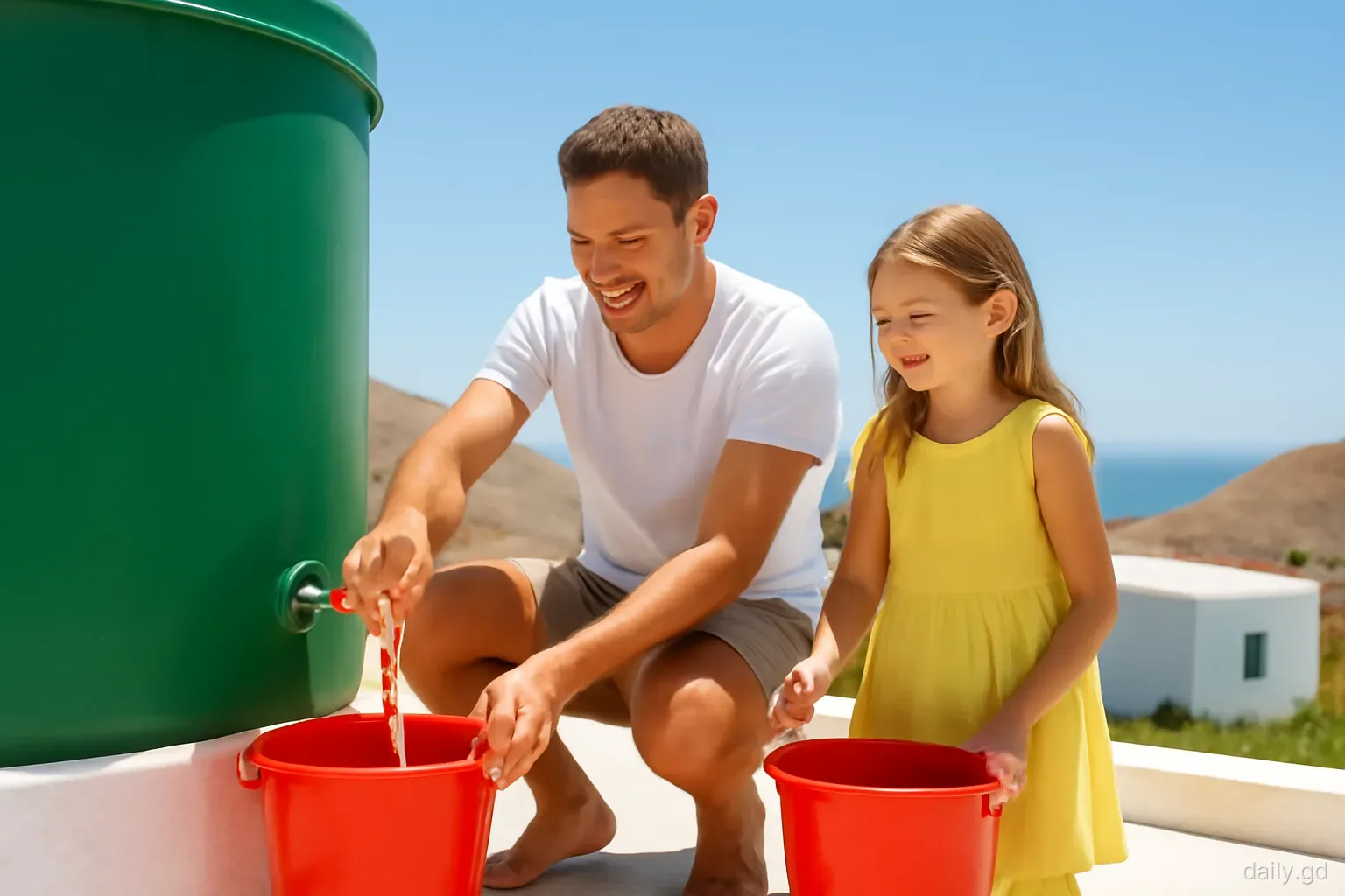 A father and daughter fill buckets from a green rooftop tank tap behind a hillside house, dry brown hills and blue sea in the distance, low angle, harsh midday sun
