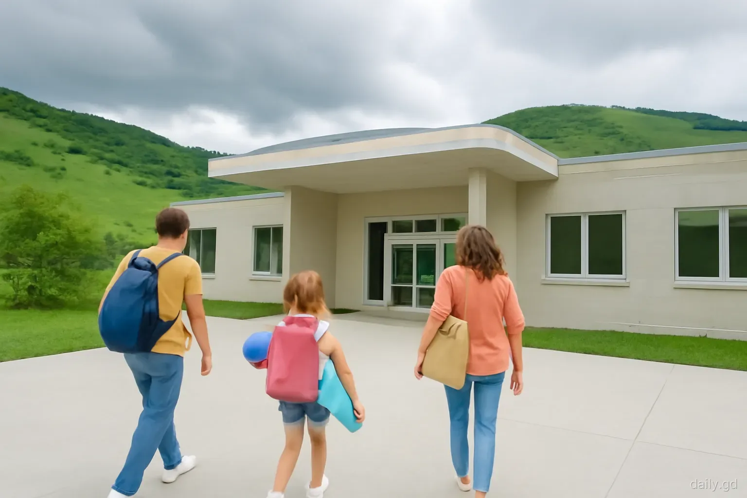 Families with rolled mats and bags walk into a hillside concrete schoolhouse as grey clouds gather over the green valley behind, wide angle from the yard, diffuse light