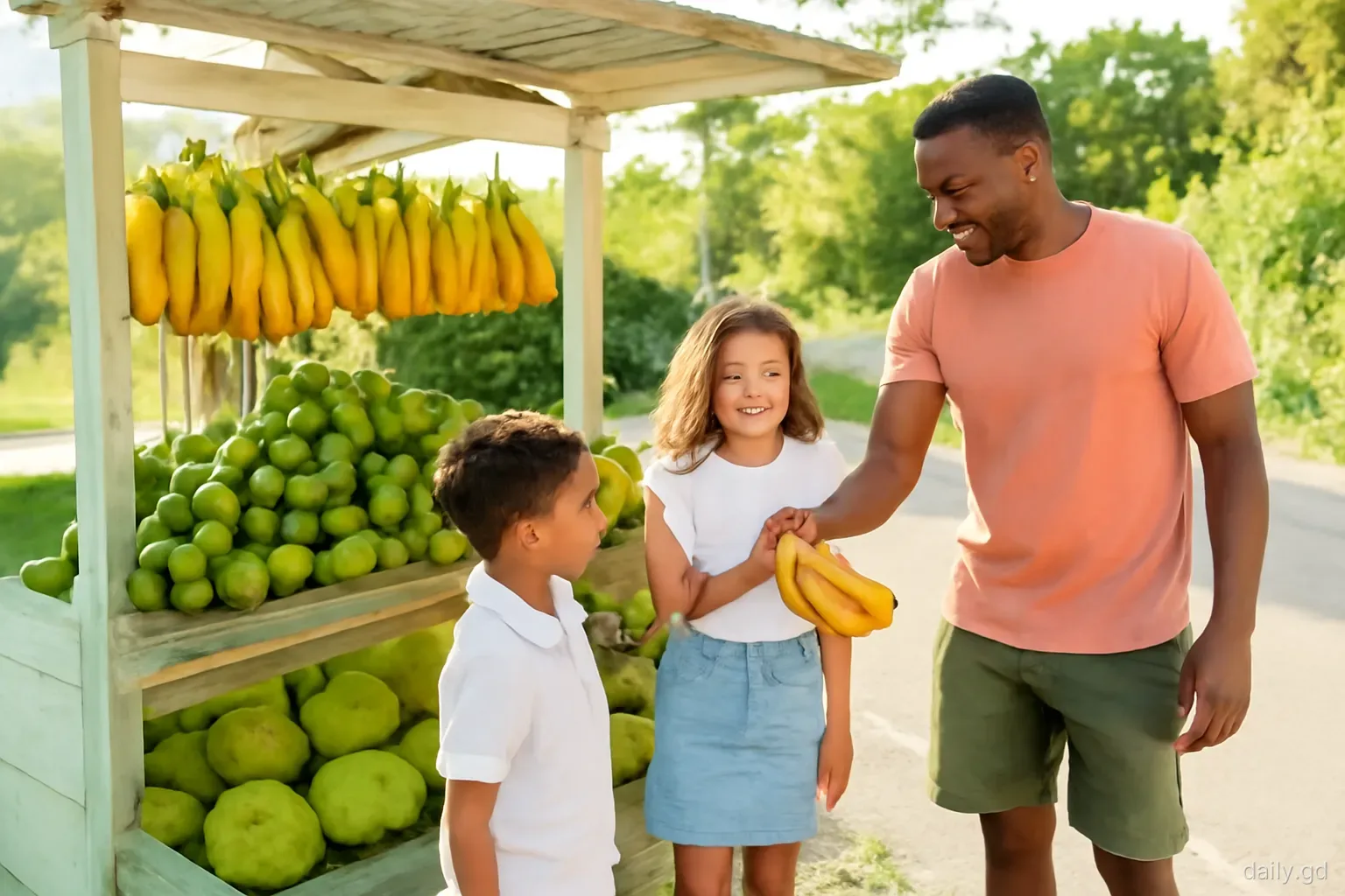 Father and two school-age children choosing fresh bananas and christophene at a roadside fruit stall in St David, Grenada, late afternoon sun, wide shot from the road