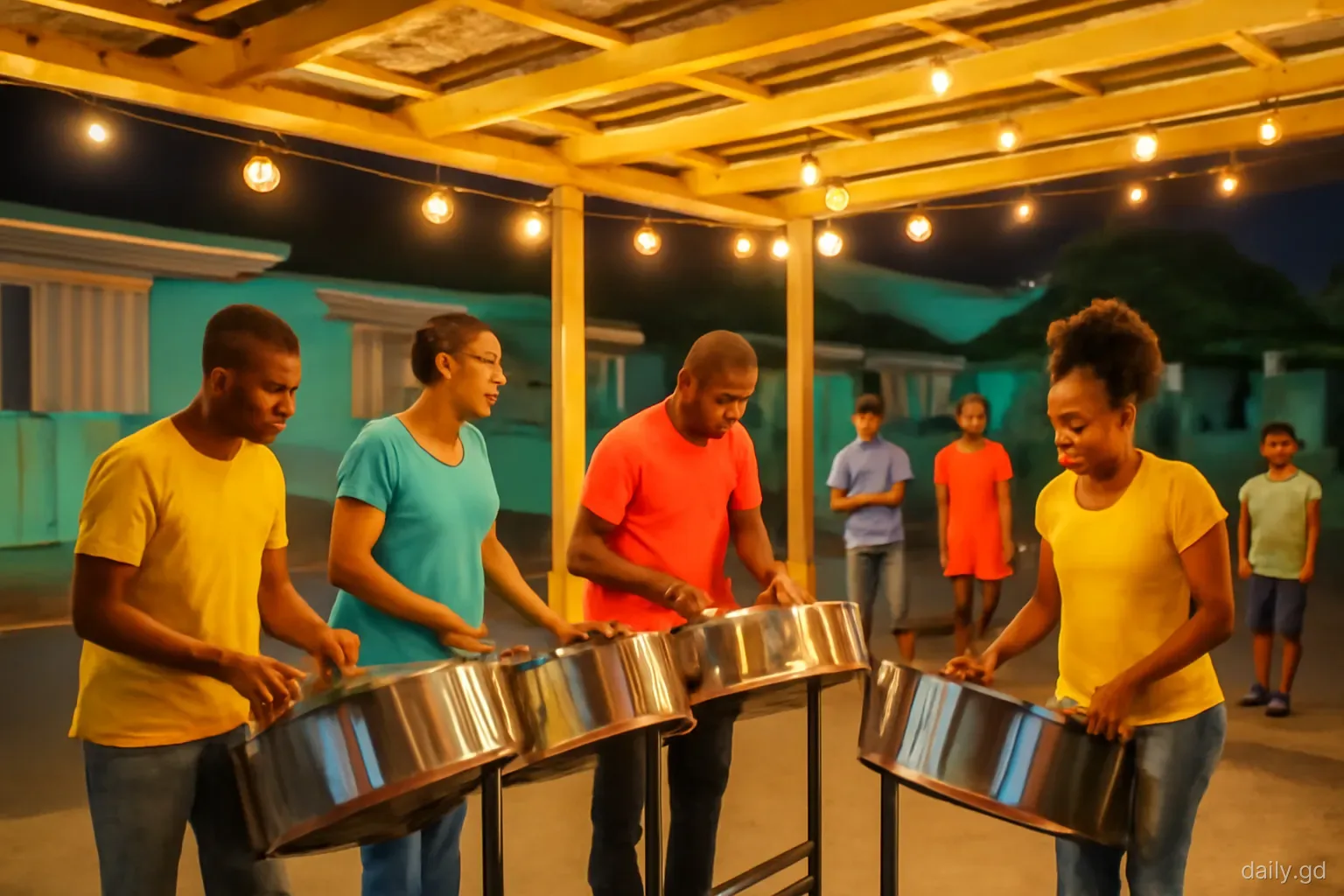 Steelpan players practising at night under strings of bare bulbs in an open-sided pan yard in St George's, neighbours watching from the roadside, wide shot, warm artificial light