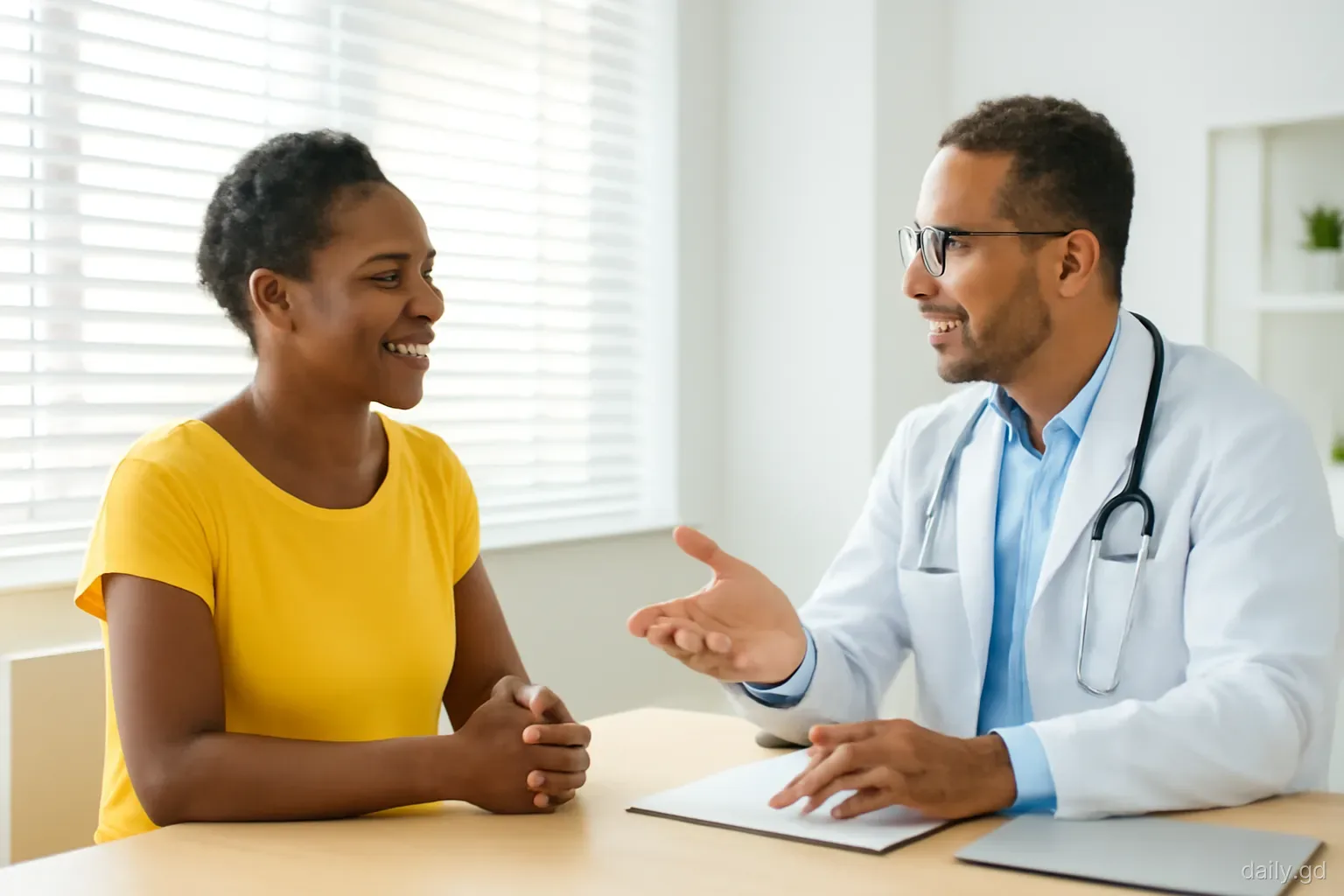 Middle-aged Grenadian woman and her family doctor talking across a tidy wooden desk in a bright consulting room, louvred window, morning light, eye-level shot