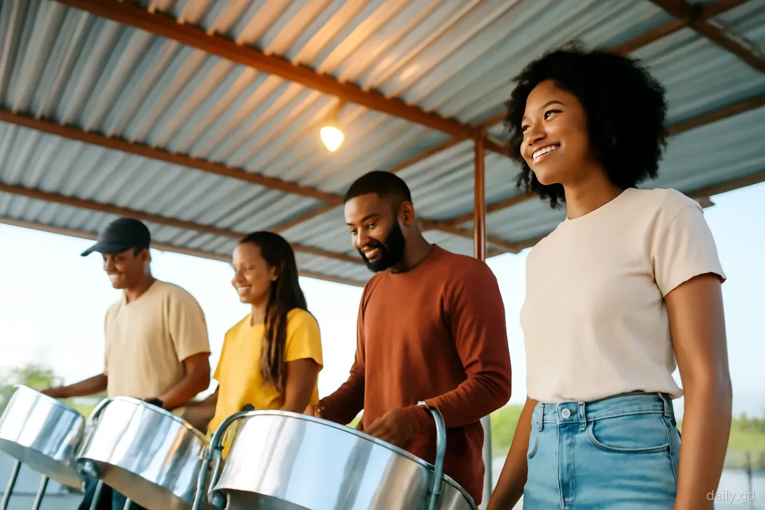 Steel pan players rehearsing under a corrugated roof panyard in the evening, a newcomer watching and smiling, warm lamplight, low-angle medium shot