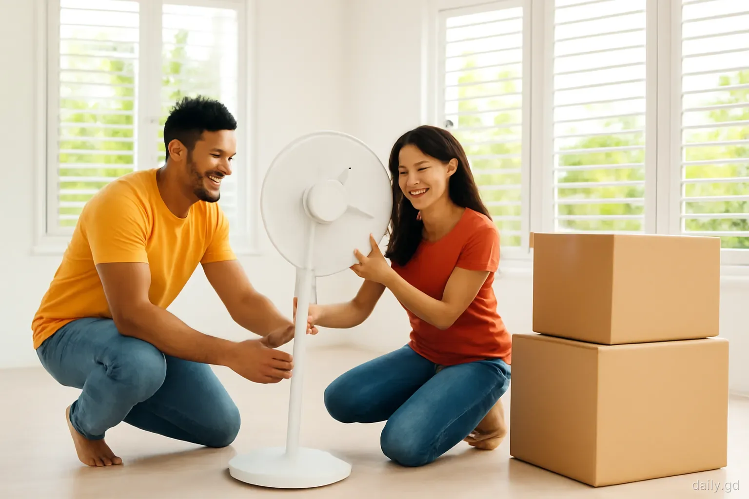 Couple assembling a standing fan beside stacked cardboard boxes in a bright, empty living room with louvred windows in Grenada, palm fronds outside, wide interior shot, daylight