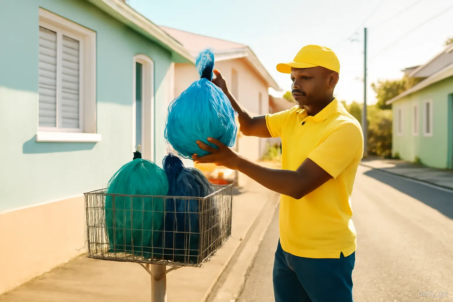 A collection crew lifts tied bags from a raised metal basket on a post outside a pastel house on a quiet residential road in Grenada, street-level view, early morning sun