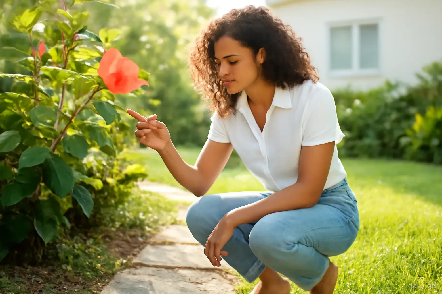 A woman kneels to inspect hibiscus leaves in a sunlit front yard garden in St Andrew, ants trailing along a stone path, close low angle, soft morning light