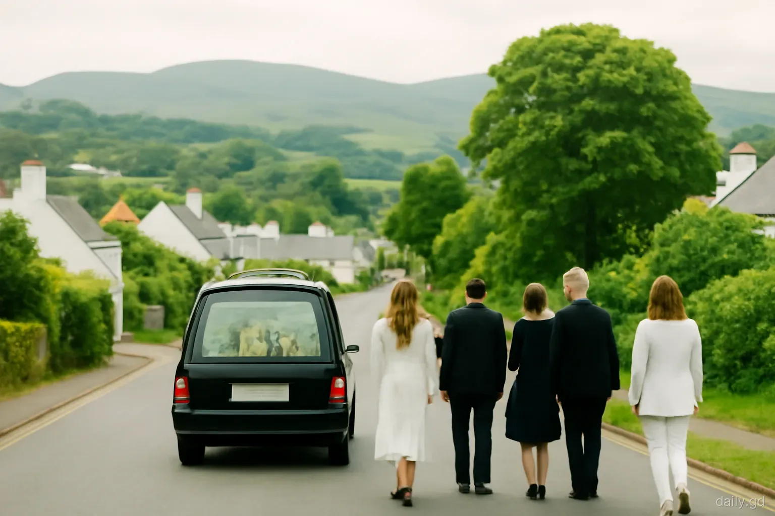Mourners dressed in white and black walking slowly behind a hearse along a village road in St John's, hills behind, soft overcast light, long telephoto view