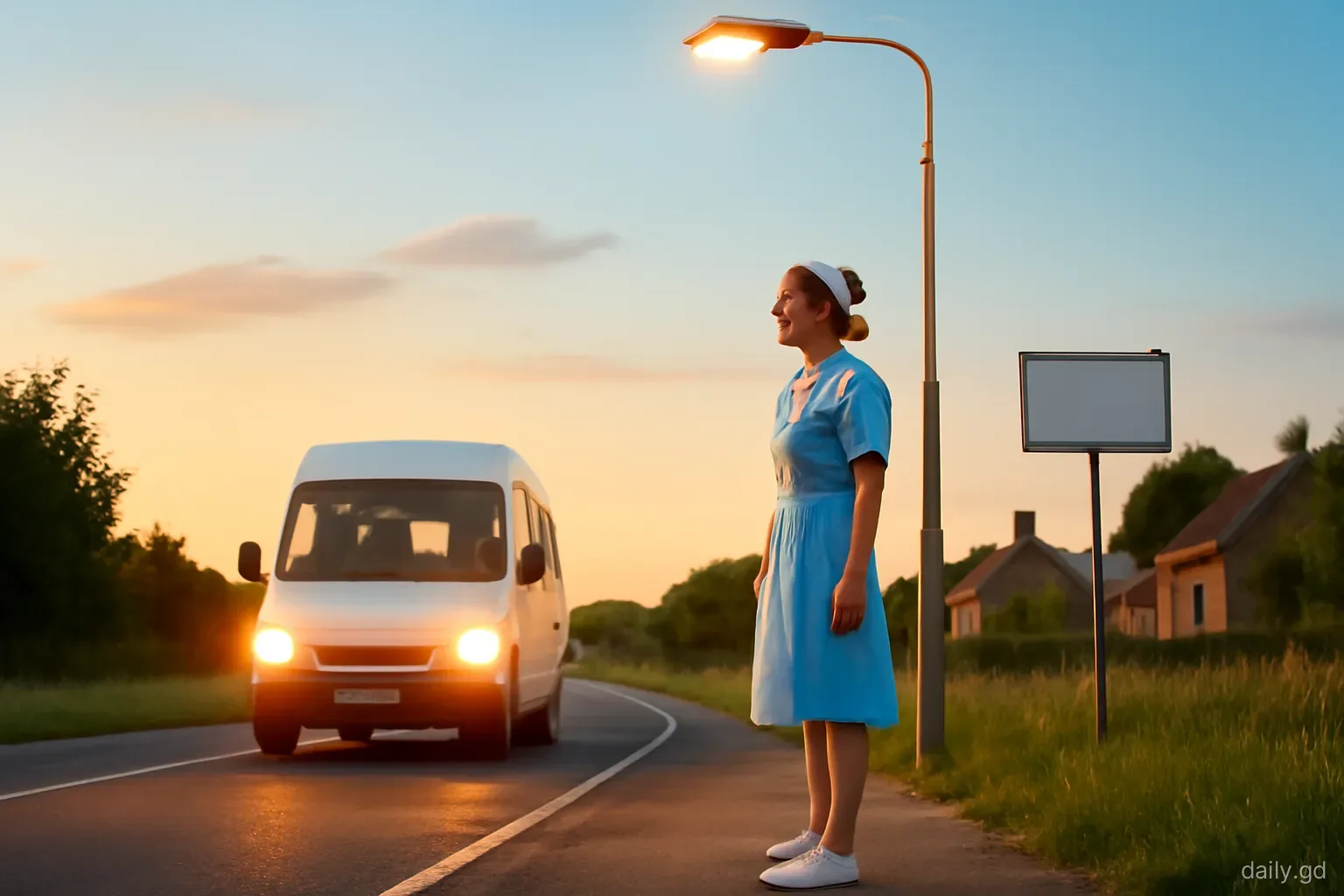 A nurse in uniform waits under a streetlight at a quiet village roadside in the evening as a minibus approaches with headlights glowing, low angle, warm dusk light