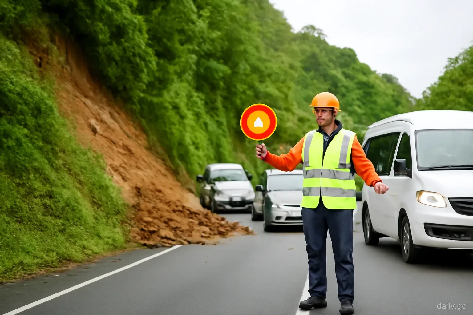 A road worker in a high-visibility vest guides a slow line of cars and a minibus past a small roadside landslide on a lush hill road, telephoto view, overcast light