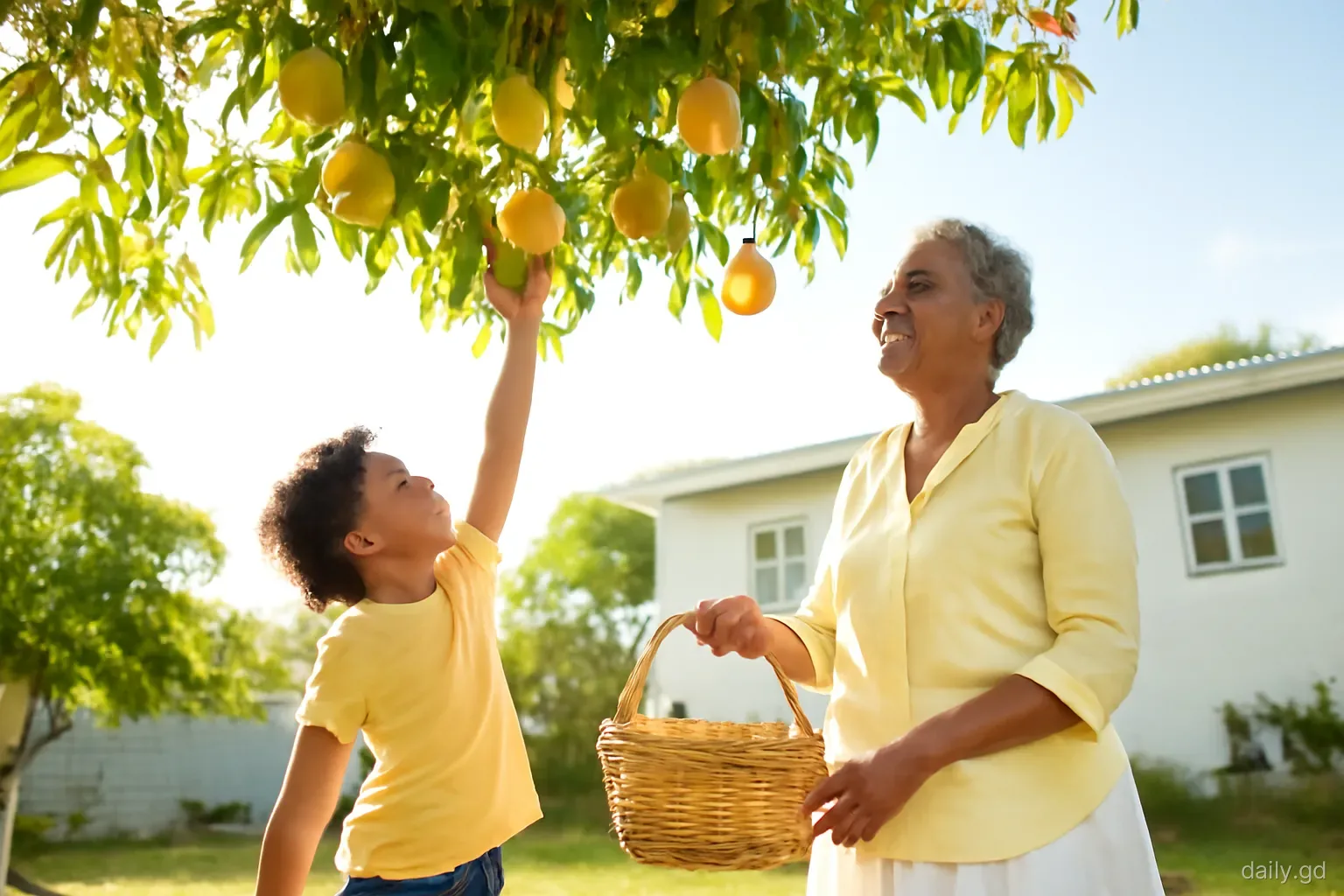 Child reaching up to pick a ripe mango from a heavily laden tree in a village backyard in St Mark, Grenada, grandmother holding a basket, golden late afternoon light, low angle