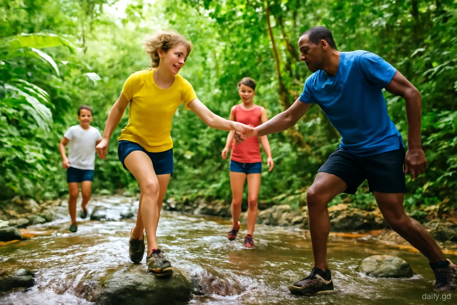 A mixed group of walkers and runners in muddy trainers crossing a stream on a rainforest trail in central Grenada, one turning back to help, low angle, dappled light