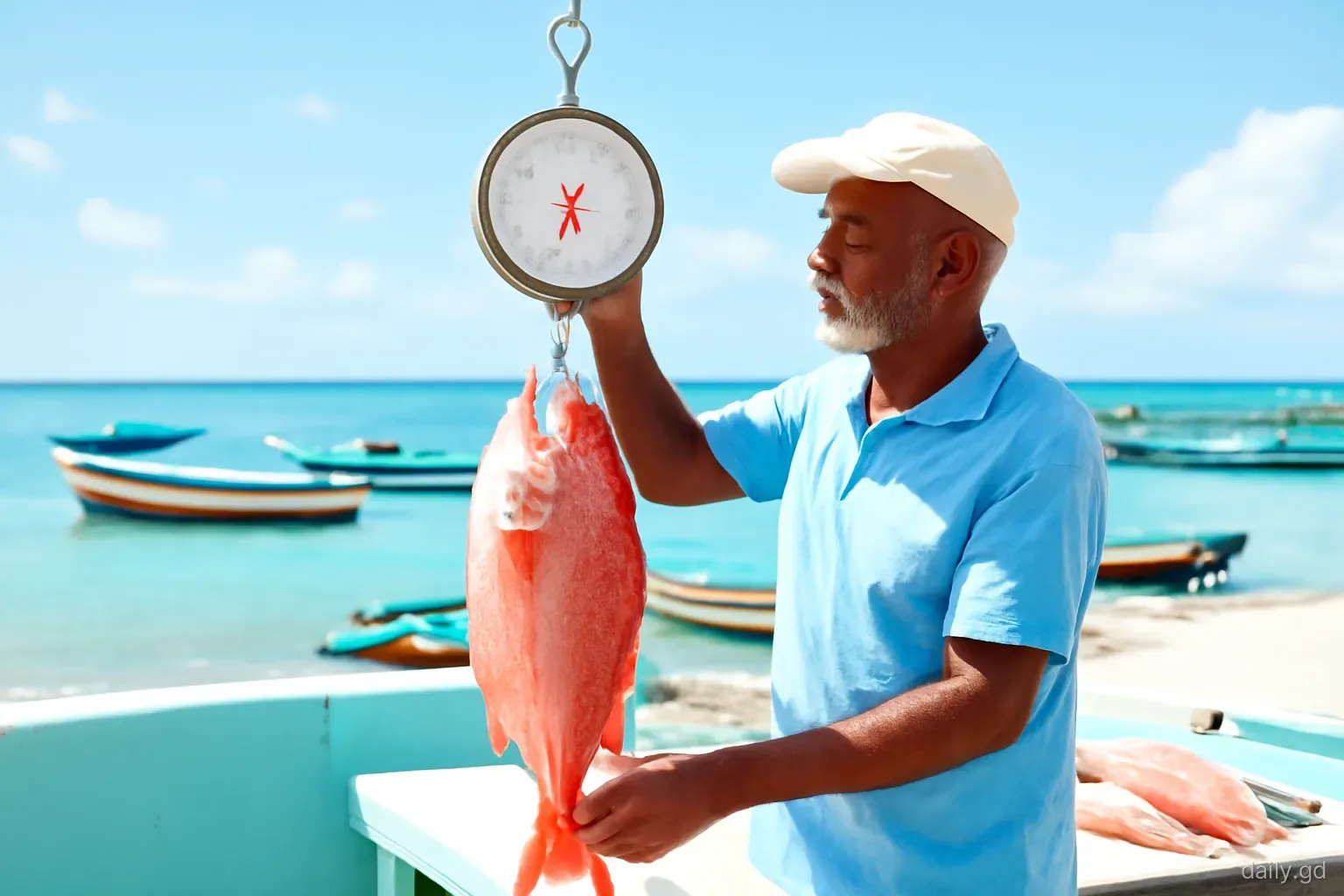 Older man weighing a whole red snapper on a hand scale at a seaside fish stall in Grenville, Grenada, fishing boats behind him, bright midday light, side angle