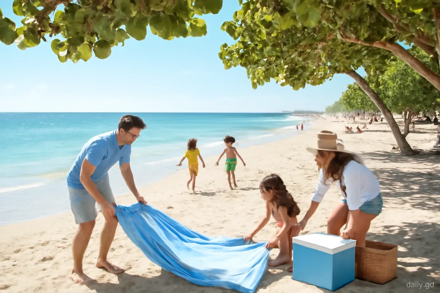 Families spreading blankets and coolers under sea grape trees on a busy south coast beach on a holiday morning, children running into calm water, high wide shot, clear sunshine