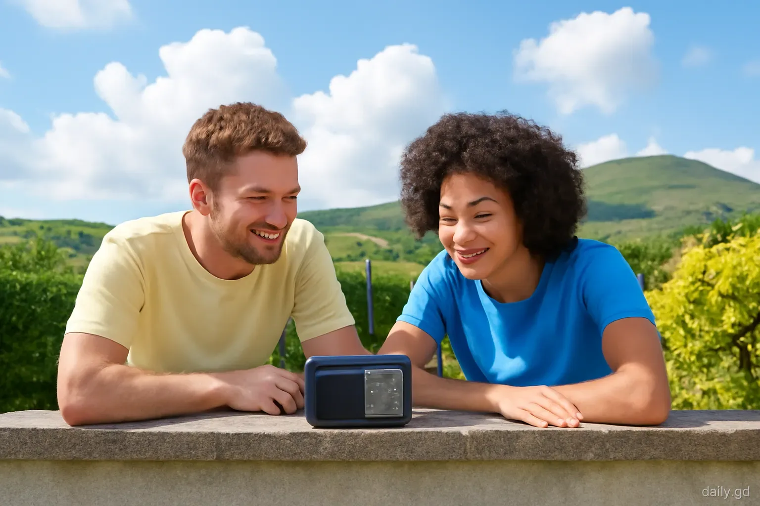 Two neighbours lean over a garden wall listening to a small portable radio as cumulus clouds pile up over a green St David hillside, medium shot, bright late morning
