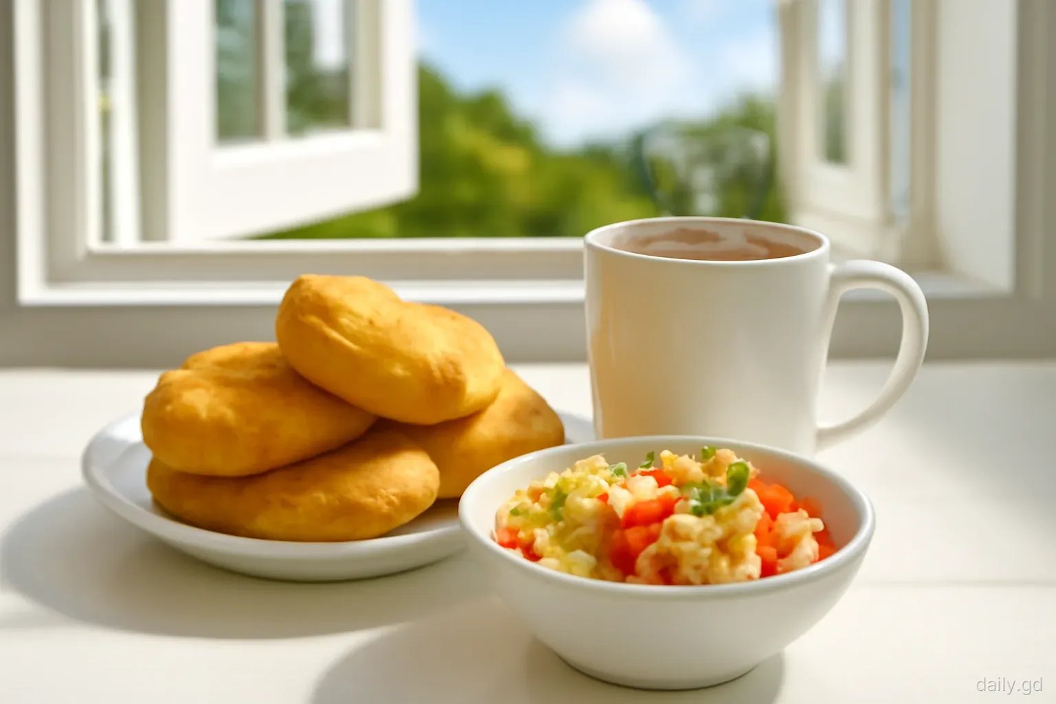 Steaming mug of cocoa tea beside golden fried bakes and a bowl of saltfish with tomatoes on a sunny breakfast table by an open window in Grenada, close-up, morning light