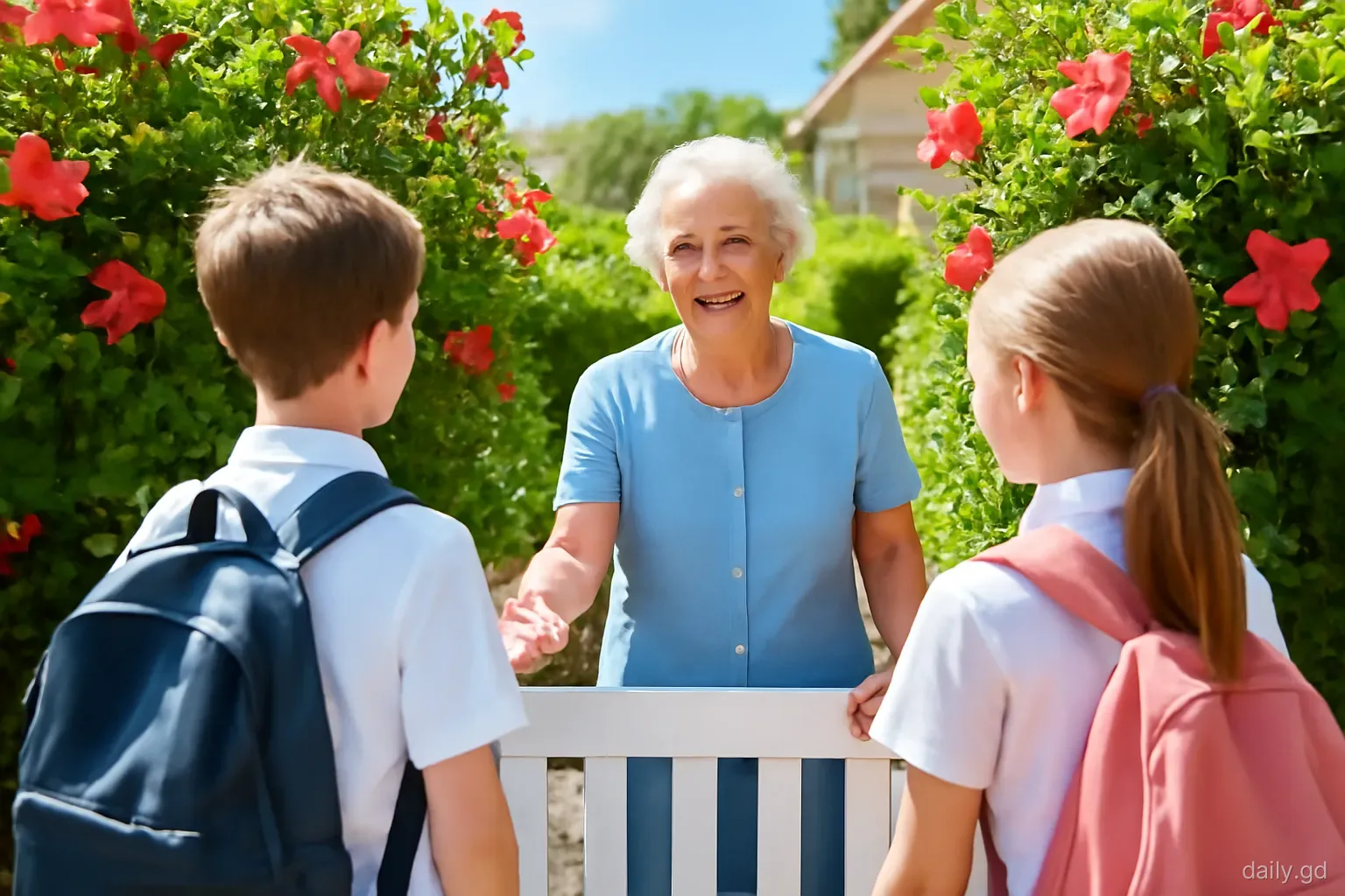 A smiling grandmother greeting two schoolchildren at her garden gate in a village in St Mark's, hibiscus hedge around them, eye-level shot, bright midday light