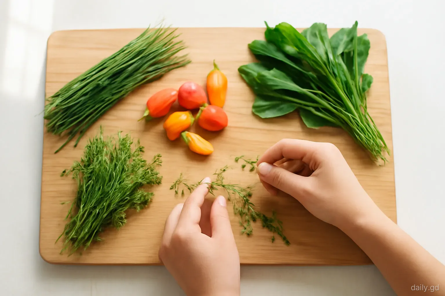 Hands stripping fresh thyme leaves beside bunches of chives, culantro and small seasoning peppers on a wooden board in a Grenadian home kitchen, natural window light, top-down view