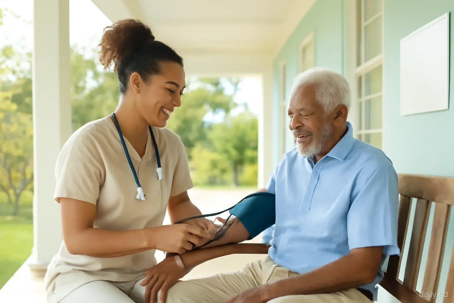 A nurse in a pale uniform taking an elderly man's blood pressure on a bench at a rural health centre veranda in St Andrew's, side angle, soft morning light