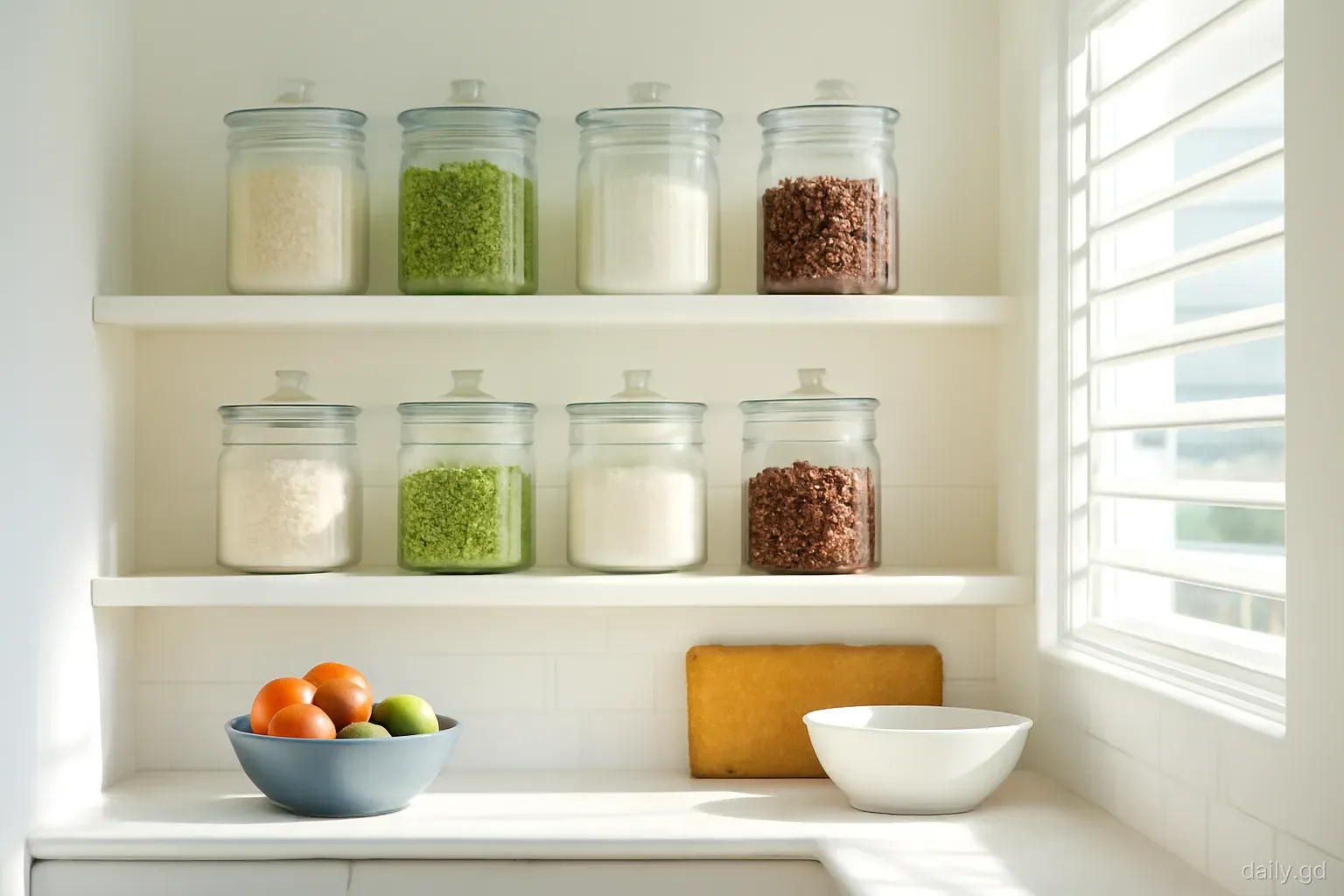 Neat open shelves of glass jars holding rice, split peas, flour and cocoa balls in a bright Grenadian kitchen, morning sun through louvred window, straight-on wide shot