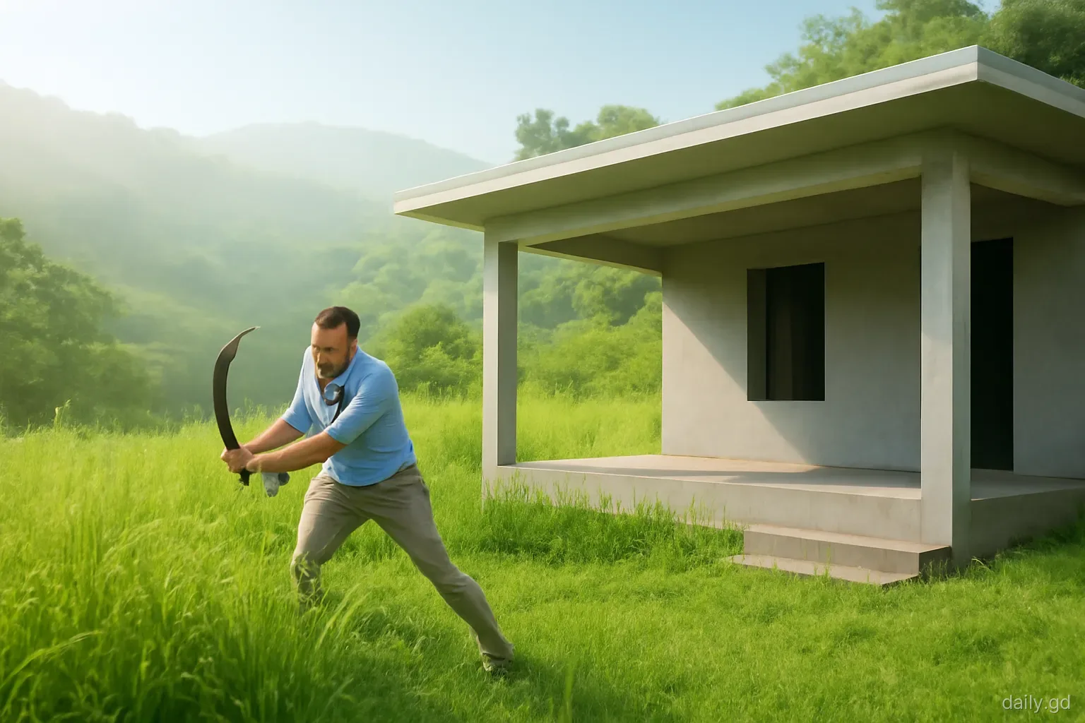 A man swinging a cutlass to clear tall grass beside a small concrete house with a deep veranda on a green hillside in St John's, wide shot, early morning haze