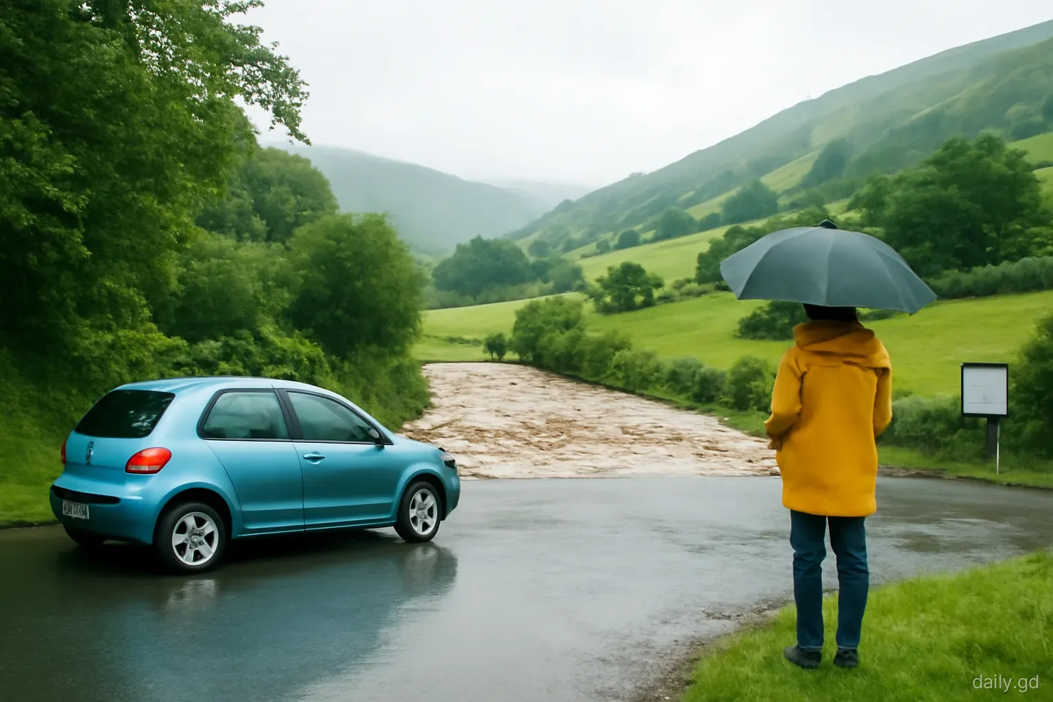 A small car waits at a rain-soaked junction in a green valley as muddy water rushes across a low road ahead, umbrella-holding pedestrian at roadside, wide view, overcast