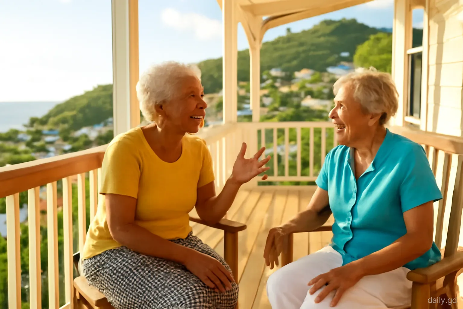 Two older women chatting animatedly on a wooden veranda in a hillside village above St George's, one gesturing mid-sentence, medium shot from the steps, warm late-afternoon light