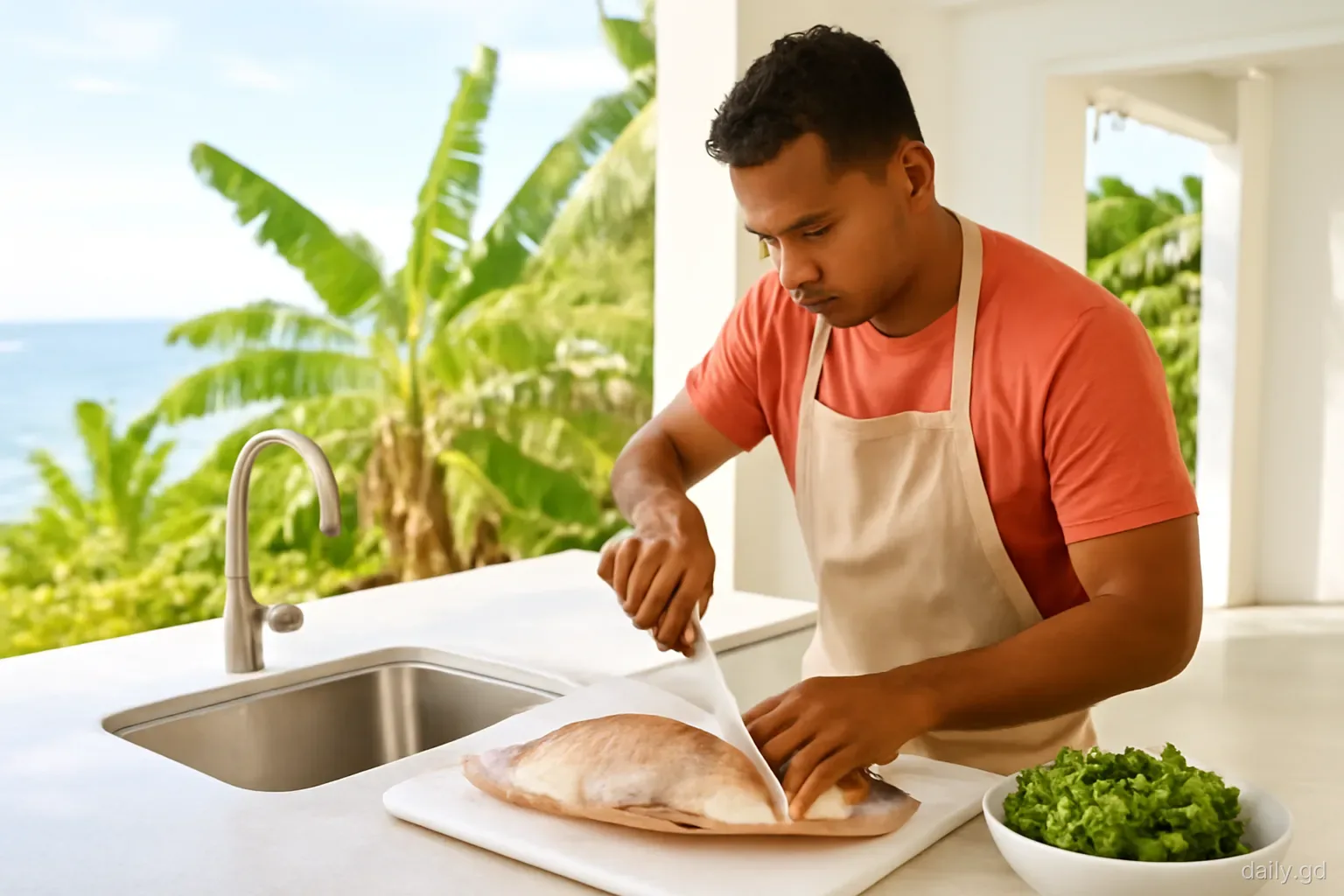 Man scaling a whole fish over a sink with a knife on an outdoor kitchen counter of a Grenadian home, sea glimpsed beyond banana trees, bright morning light, side view