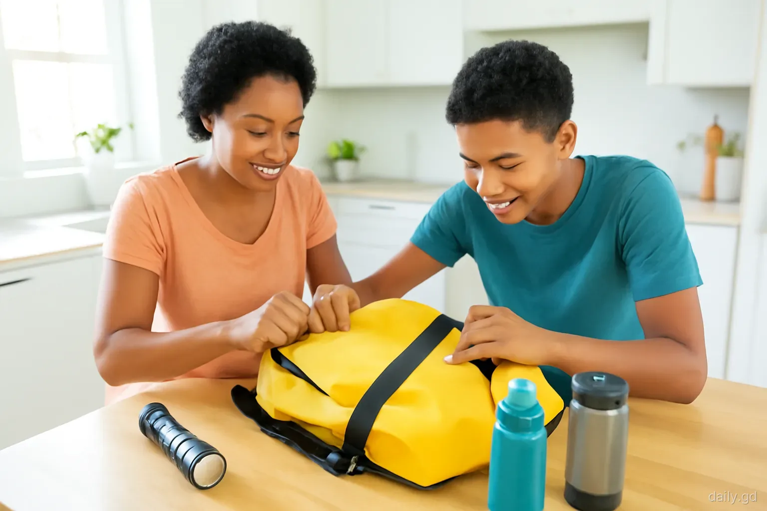 A mother and teenage son pack a waterproof backpack on a wooden kitchen table in a Grenadian home, torch and water bottles beside them, overhead view, morning light