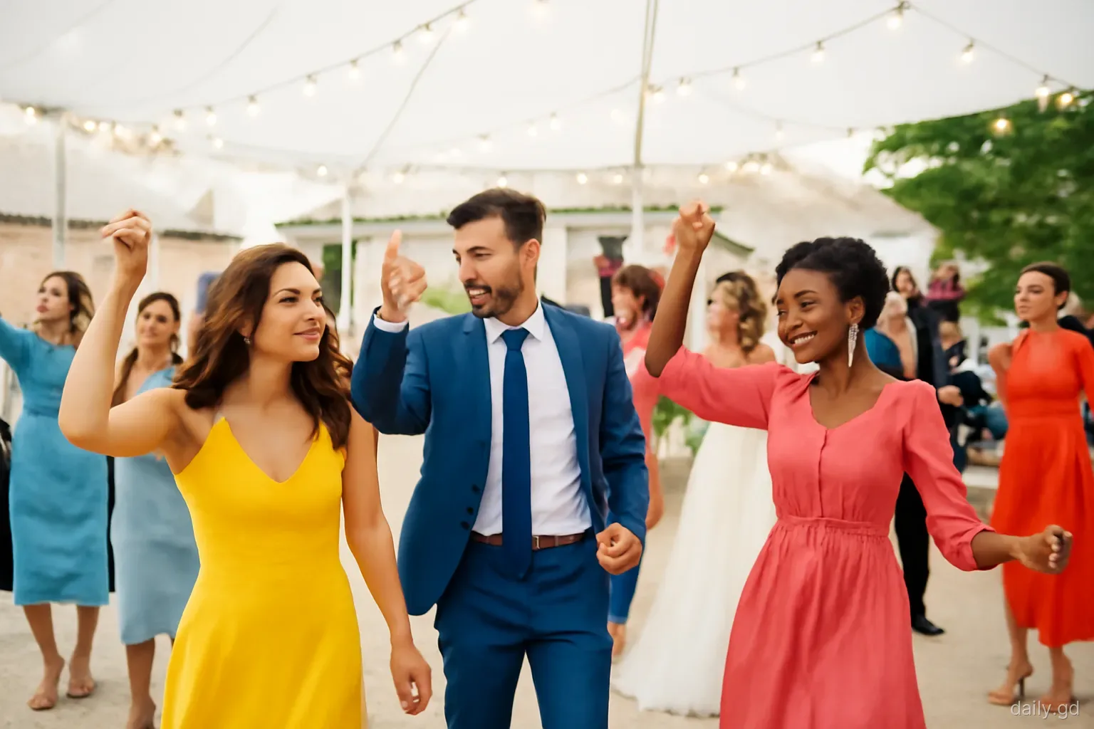 Wedding guests in bright formal outfits dancing under a white tent at an evening reception in a village yard in St Mark's, string lights, candid wide shot