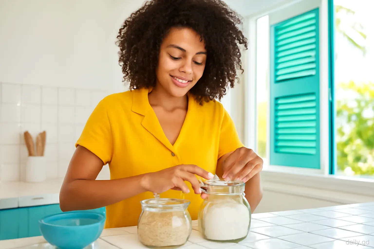 Woman sealing rice and flour into airtight glass jars on a tiled kitchen counter in a breezy Grenadian home, open shutters, bright midday light, close medium shot
